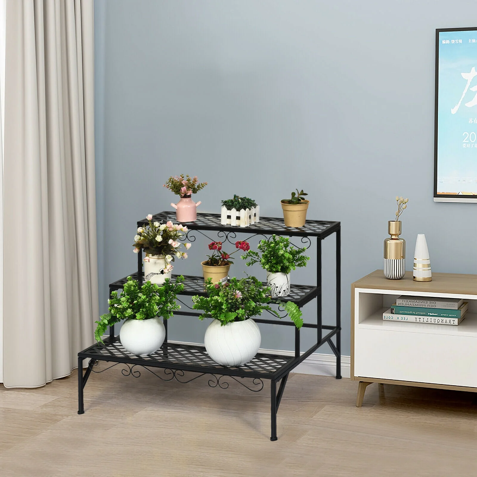 3-Tier Metal Plant Stand, Black - Image 3