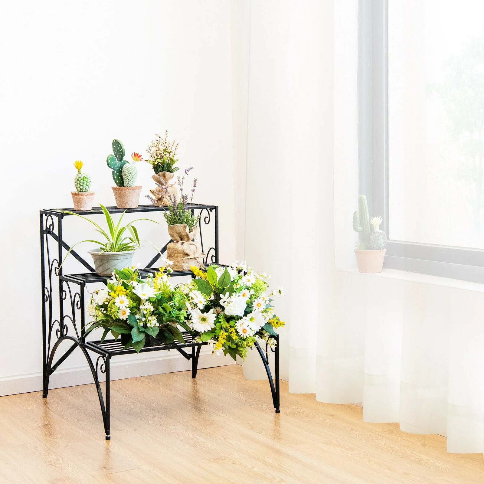 3-Tier Metal Plant Stand, Widened Grid Shelf, Black - Image 7
