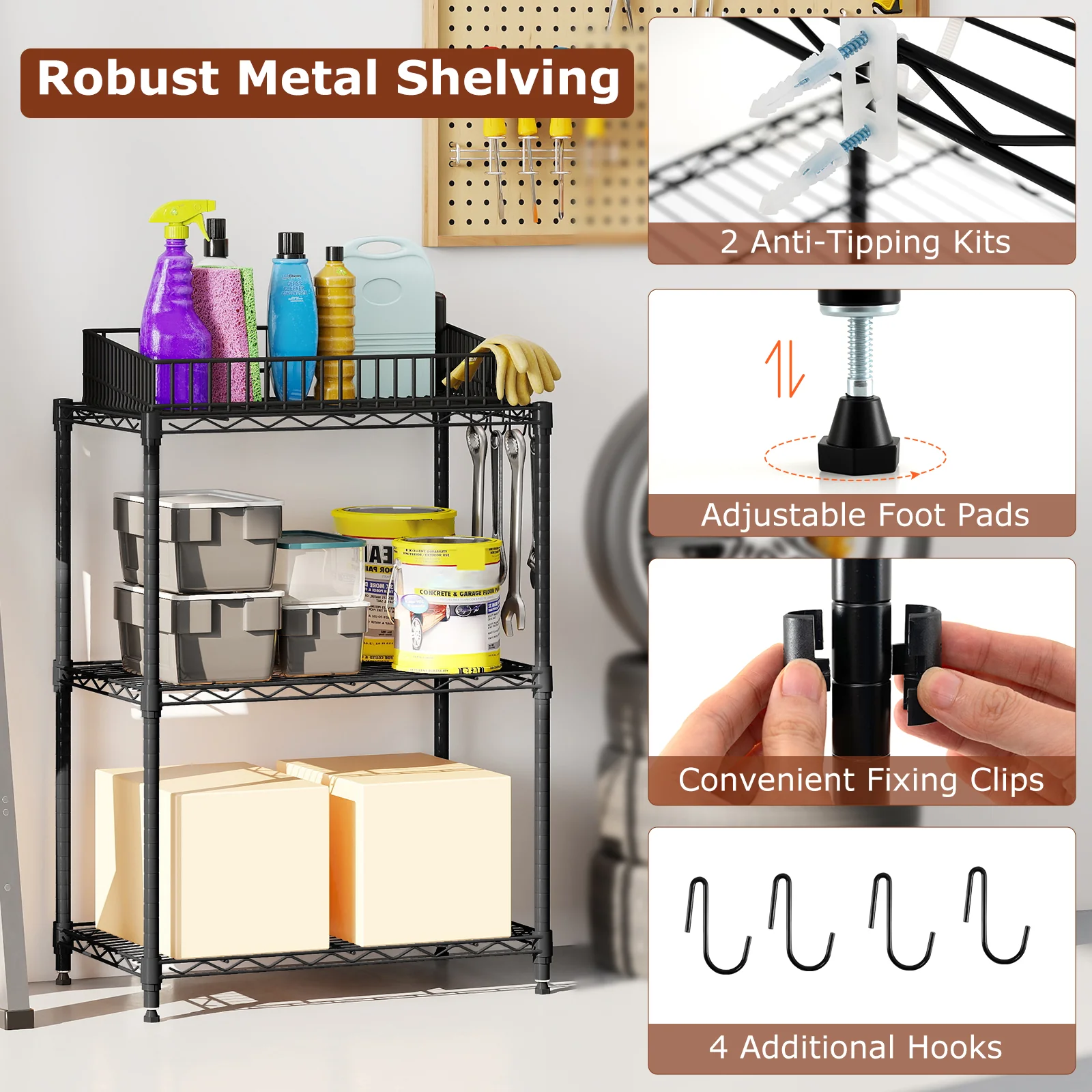 3-Tier Metal Shelving Unit, Set of 2, Black - Image 9