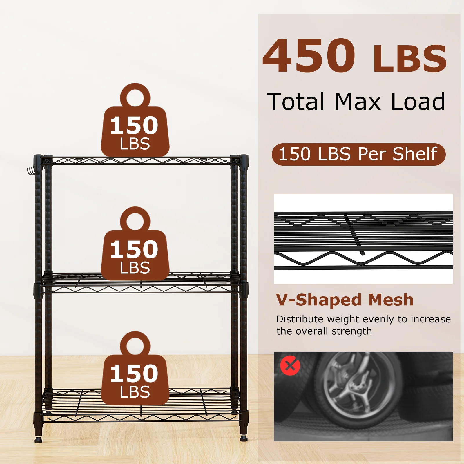 3-Tier Metal Storage Shelving Unit with V-Shaped Wire Rack and 450 LBS Capacity-DK, Black - Image 9