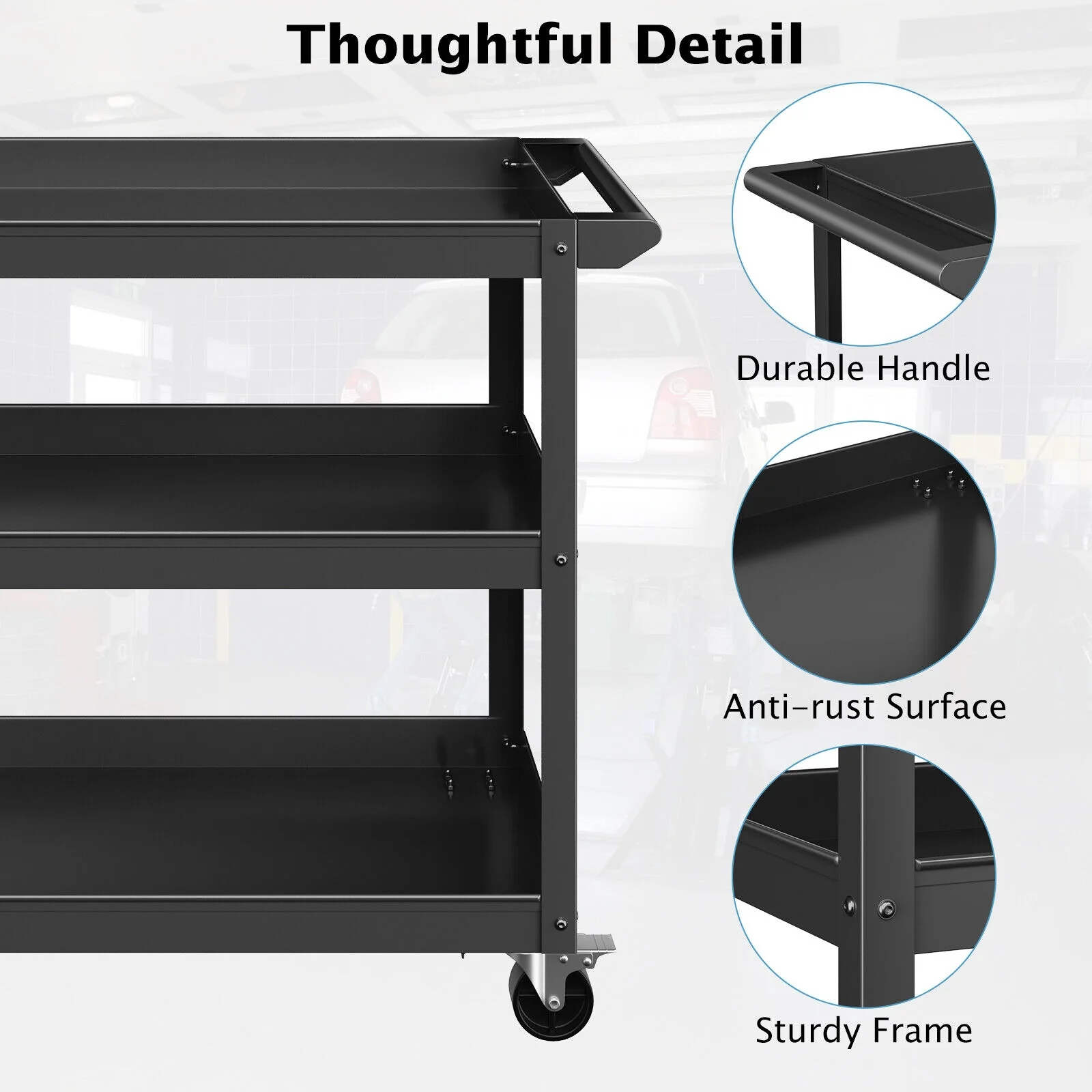 3-Tier Metal Utility Cart, 2 Lockable Wheels, Black - Image 10