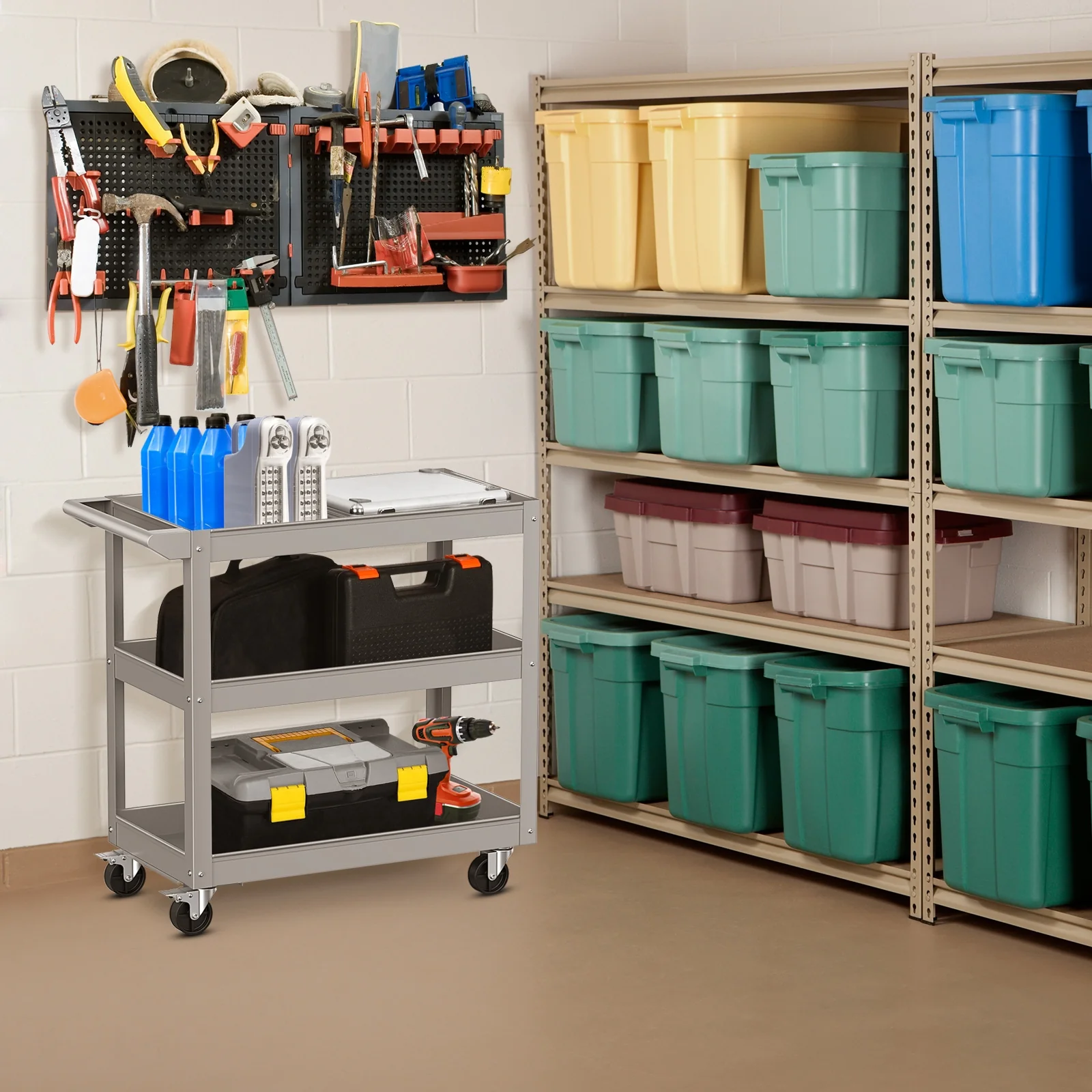3-Tier Metal Utility Cart, With Lockable Wheels, Gray - Image 3