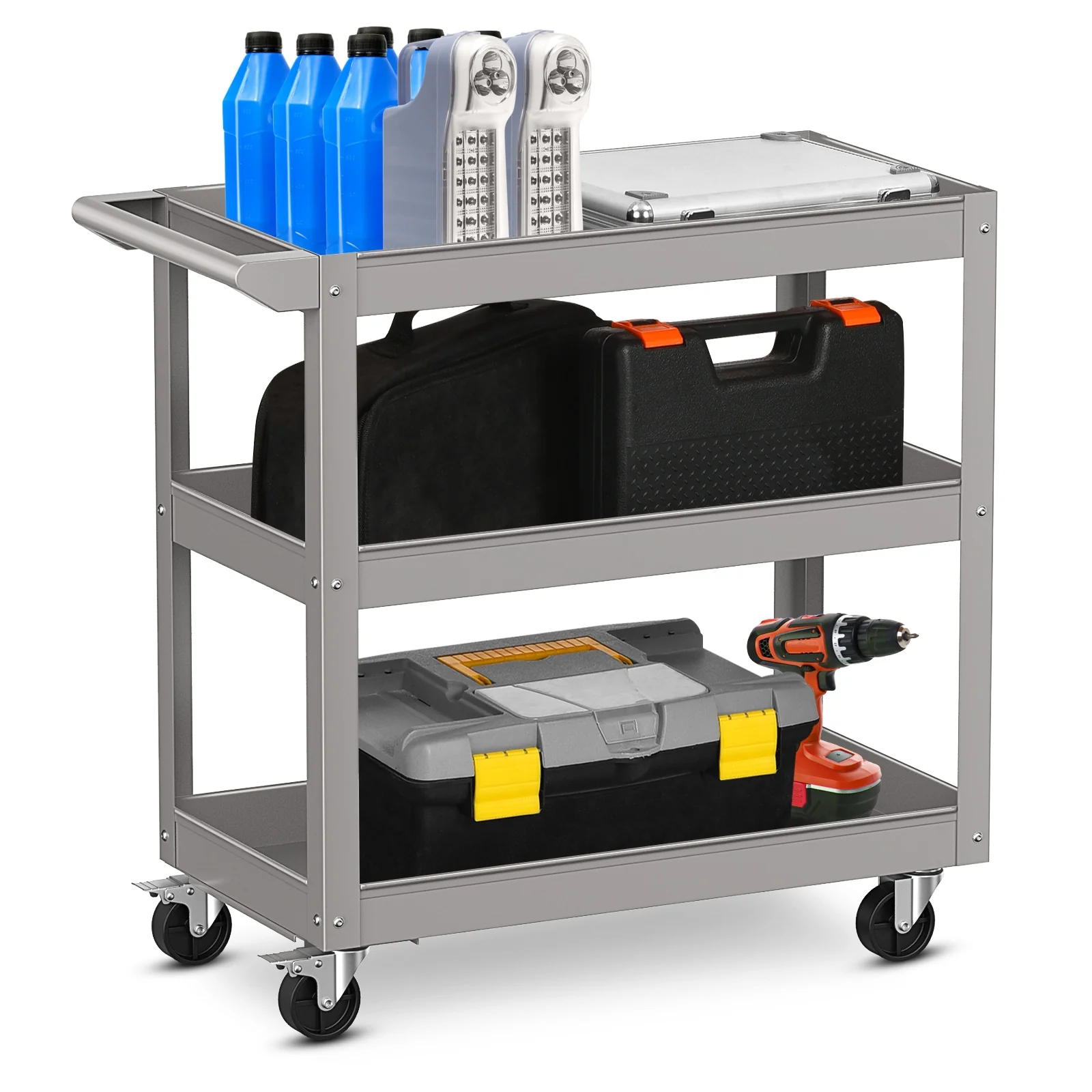 3-Tier Metal Utility Cart, With Lockable Wheels, Gray - Image 4
