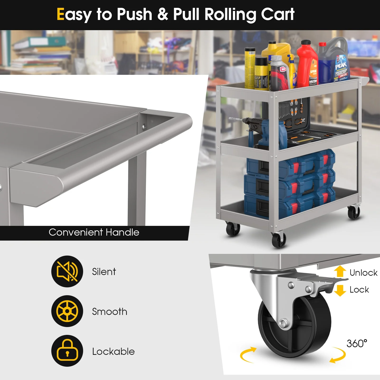 3-Tier Metal Utility Cart, With Lockable Wheels, Gray - Image 6
