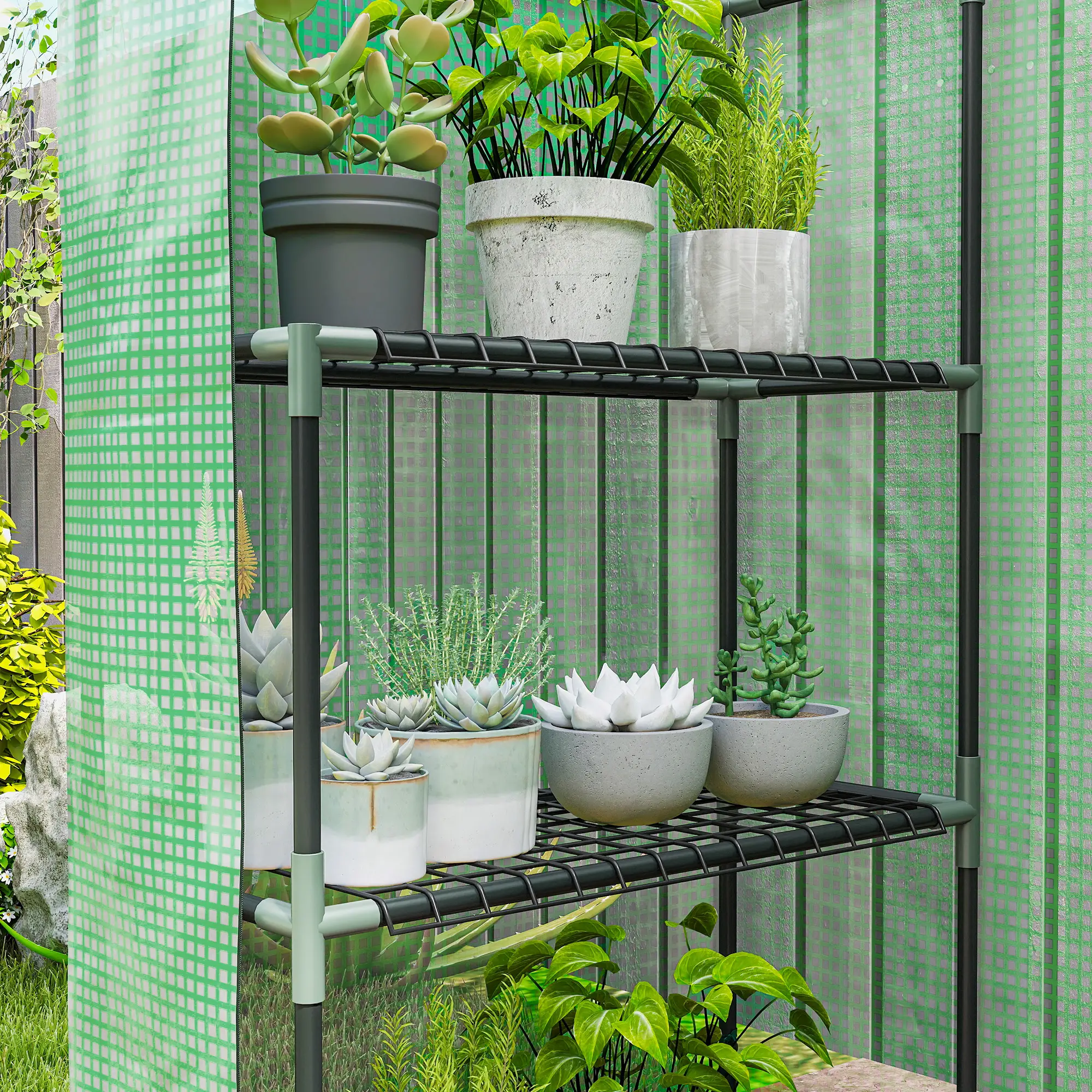 3-Tier Mini Greenhouse, 4 Shelves, Roll-Up Door, 56" x 29" x 77", Green - Image 10