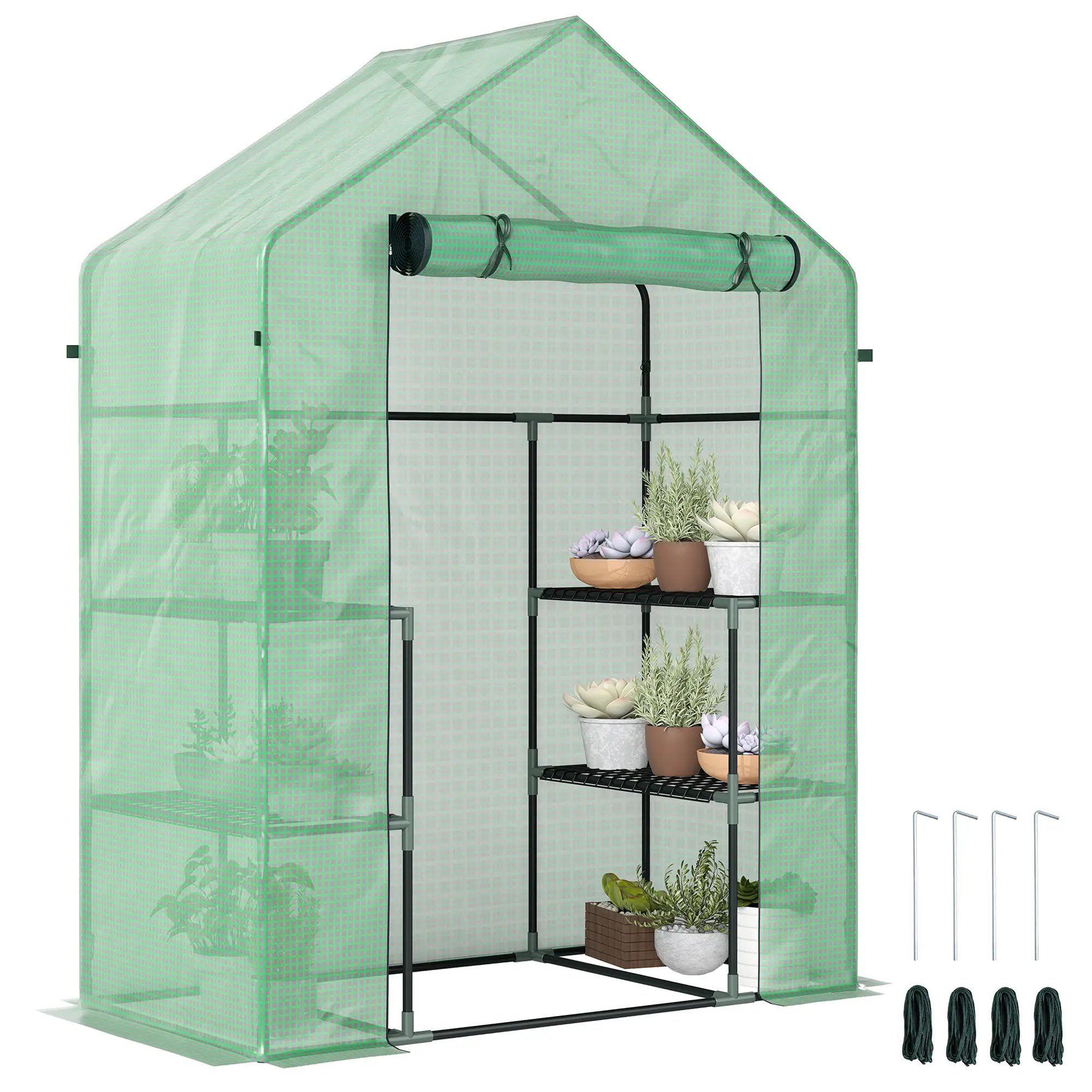 3-Tier Mini Greenhouse, 4 Shelves, Roll-Up Door, 56" x 29" x 77", Green - Image 11