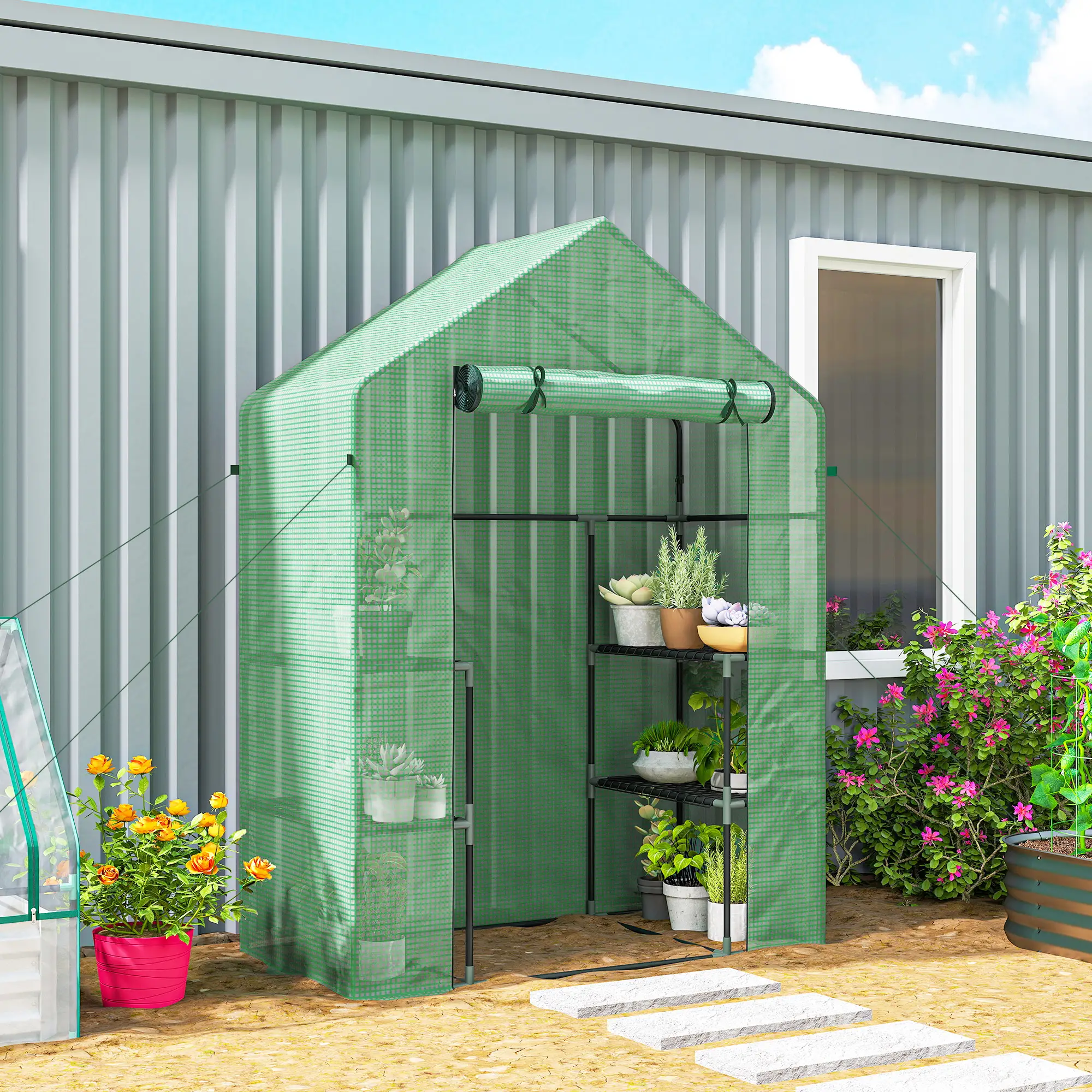 3-Tier Mini Greenhouse, 4 Shelves, Roll-Up Door, 56" x 29" x 77", Green - Image 2