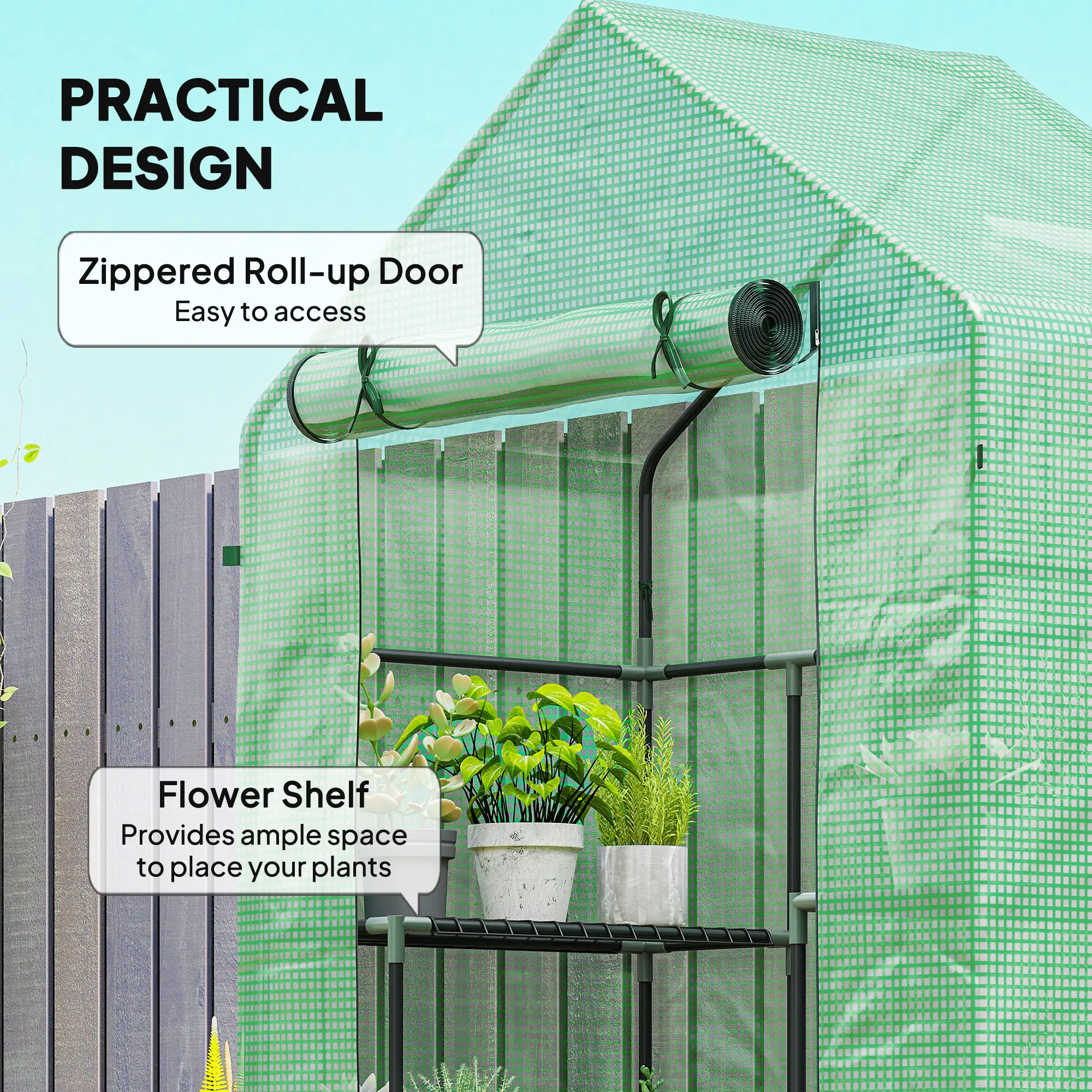 3-Tier Mini Greenhouse, 4 Shelves, Roll-Up Door, 56" x 29" x 77", Green - Image 5