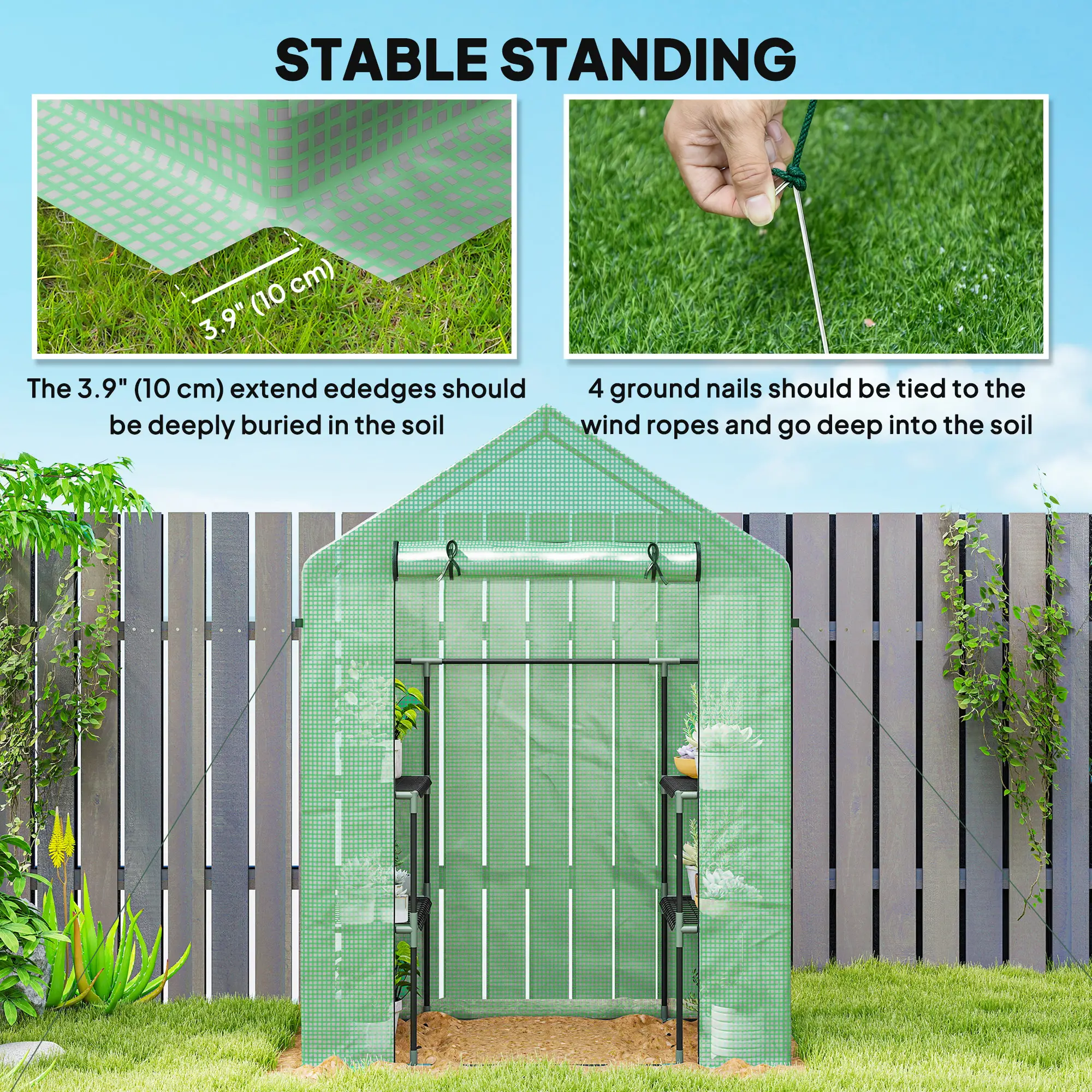 3-Tier Mini Greenhouse, 4 Shelves, Roll-Up Door, 56" x 29" x 77", Green - Image 6