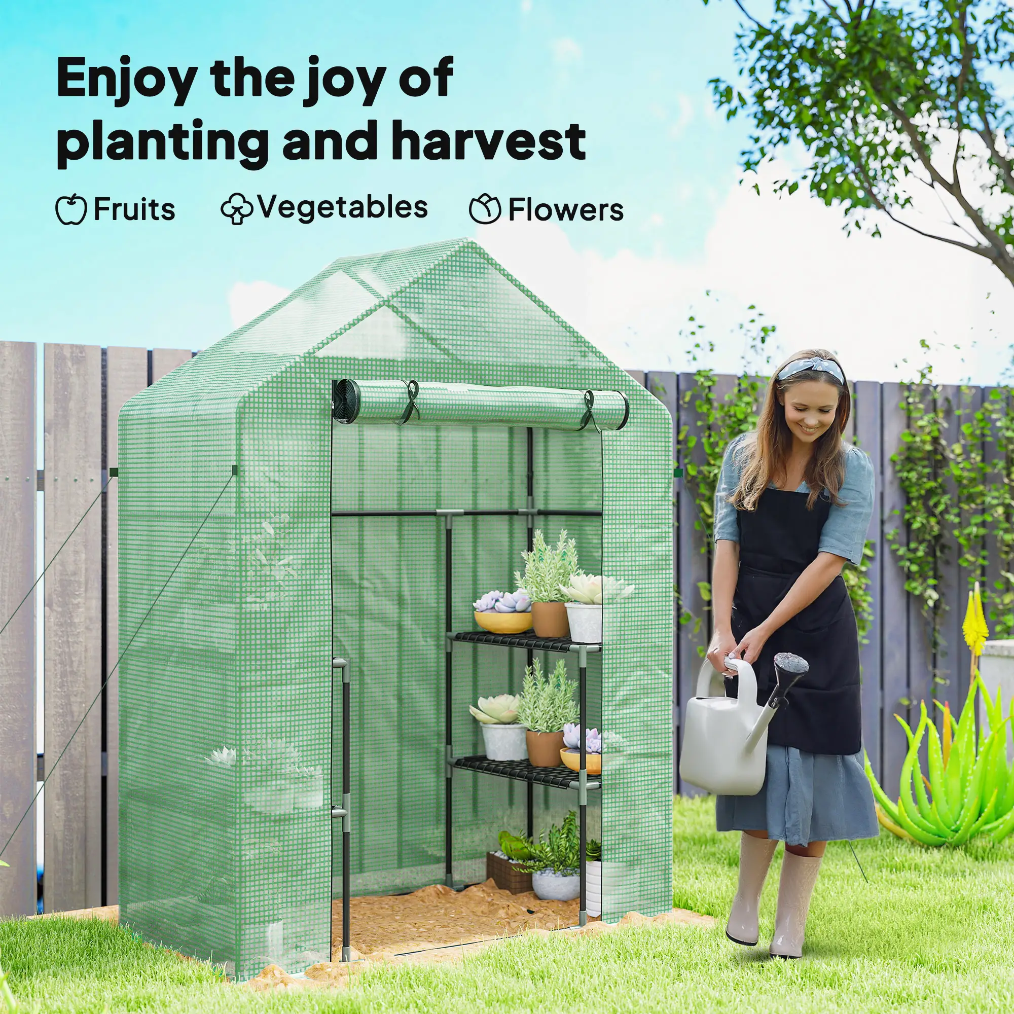 3-Tier Mini Greenhouse, 4 Shelves, Roll-Up Door, 56" x 29" x 77", Green - Image 7