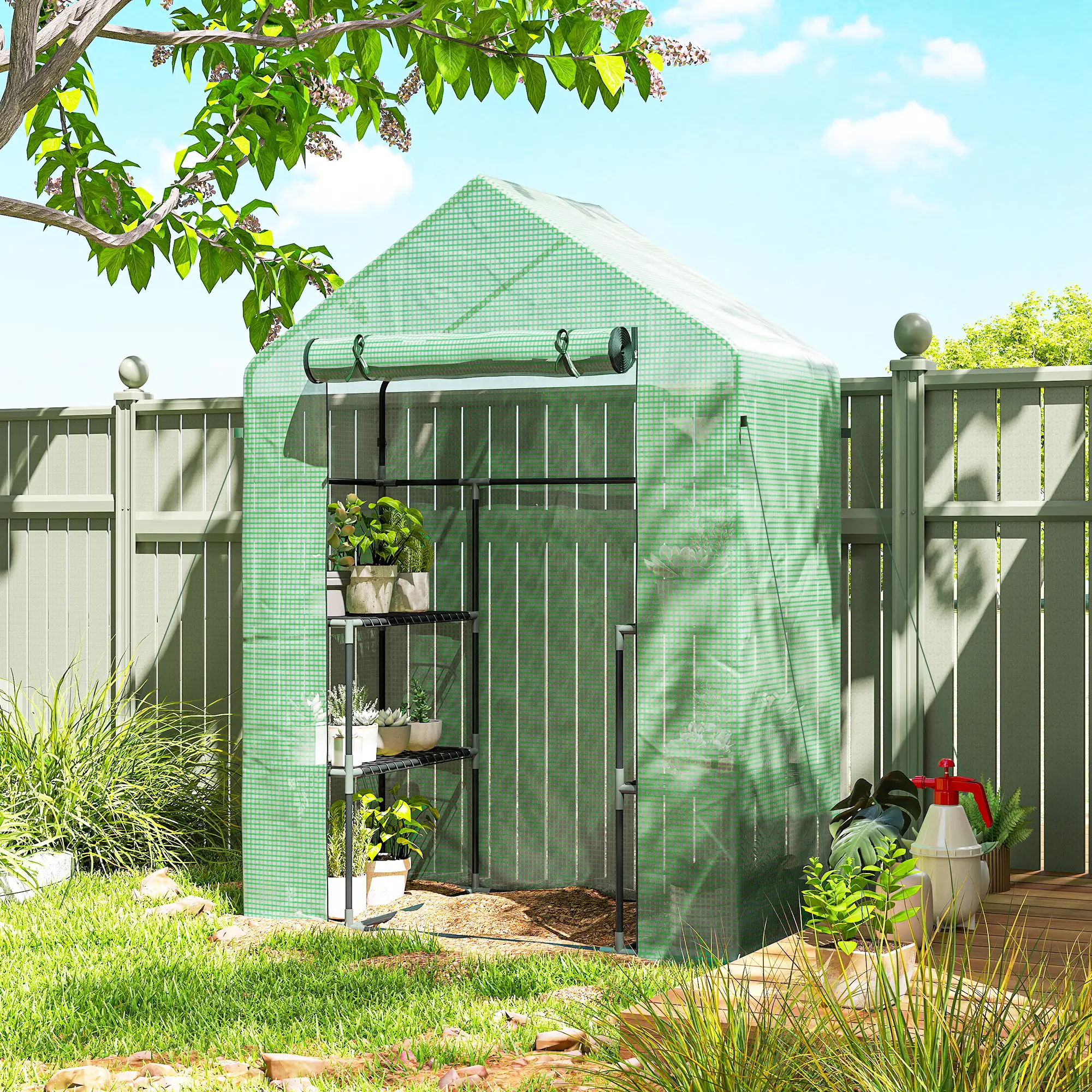 3-Tier Mini Greenhouse, 4 Shelves, Roll-Up Door, 56" x 29" x 77", Green - Image 8