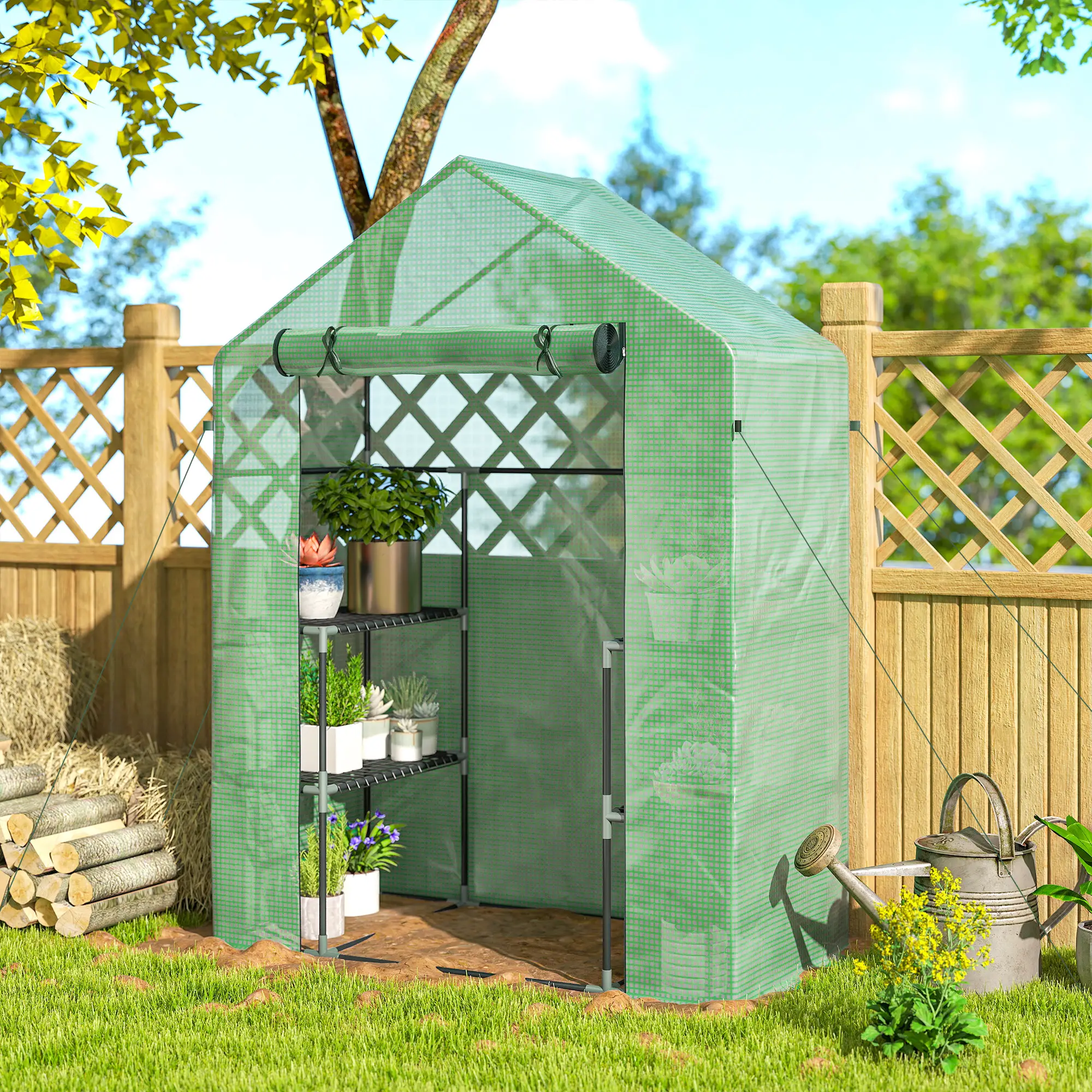 3-Tier Mini Greenhouse, 4 Shelves, Roll-Up Door, 56" x 29" x 77", Green - Image 9
