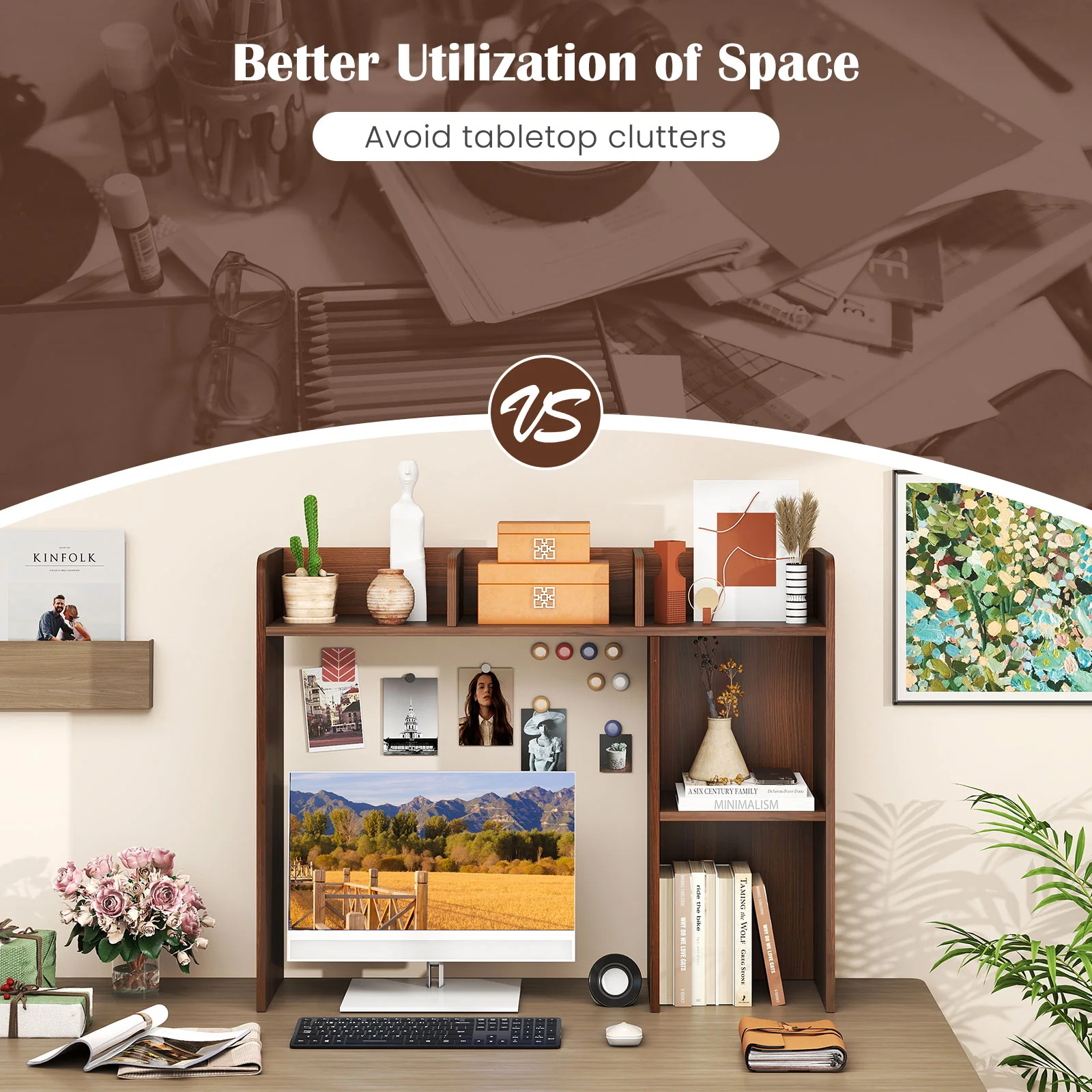 3-Tier Multipurpose Desk Bookshelf with 4 Shelves-HT, Walnut - Image 10