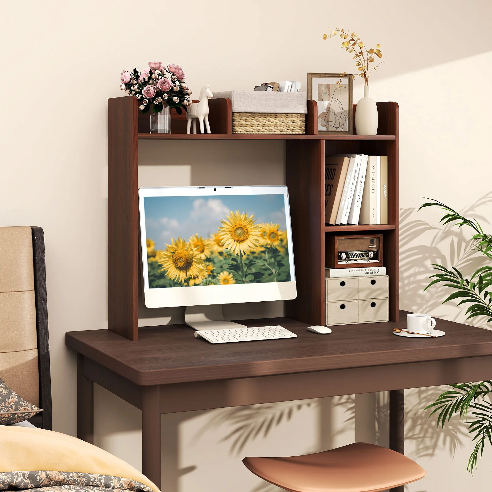 3-Tier Multipurpose Desk Bookshelf with 4 Shelves-HT, Walnut - Image 3