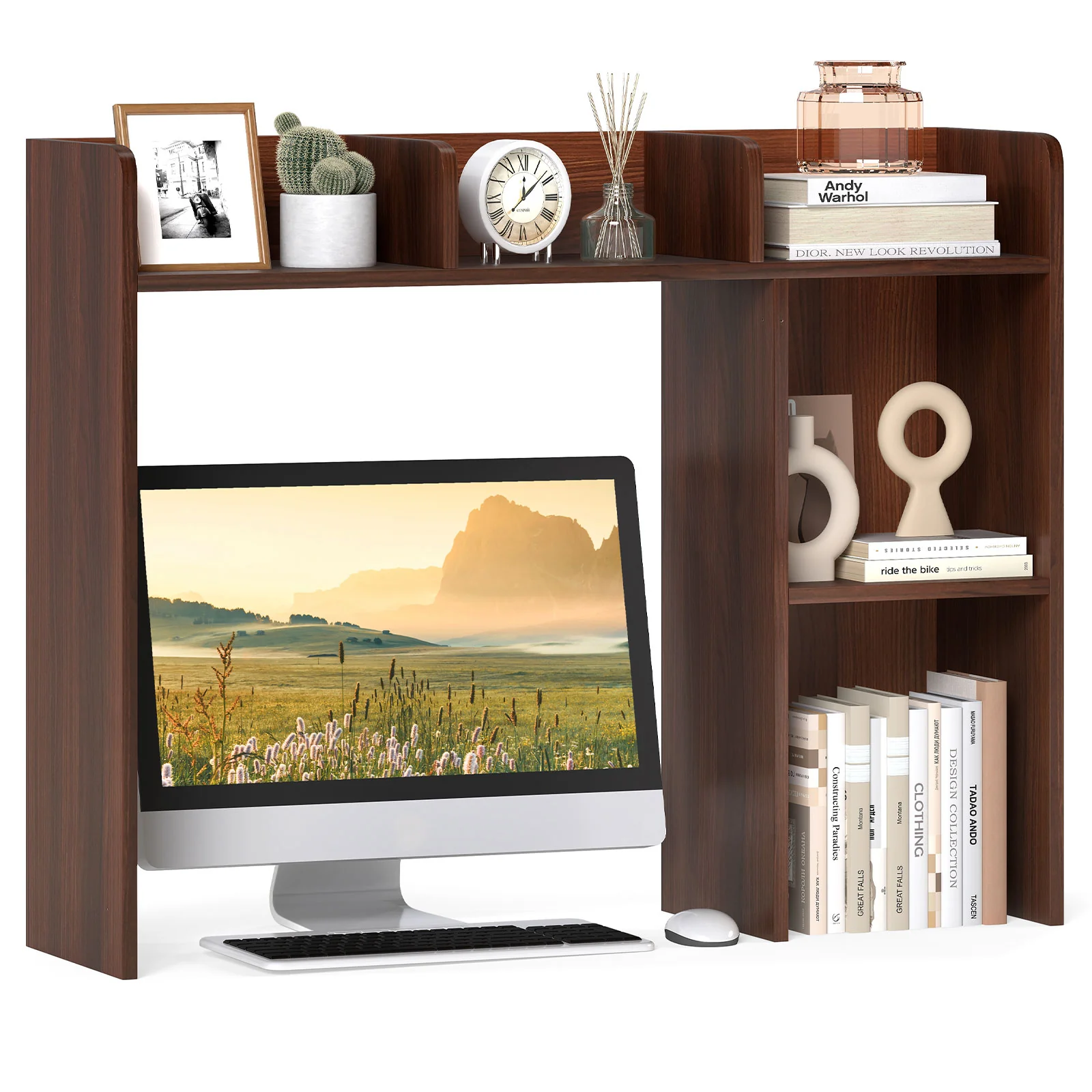3-Tier Multipurpose Desk Bookshelf with 4 Shelves-HT, Walnut - Image 5