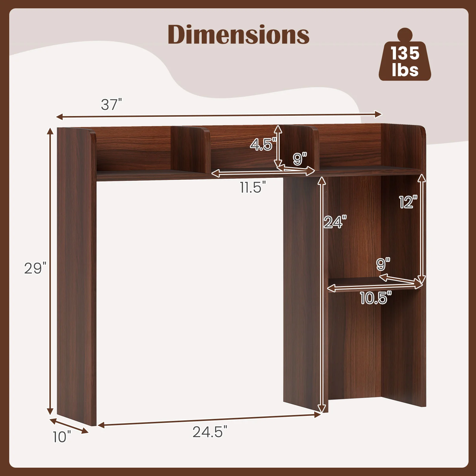 3-Tier Multipurpose Desk Bookshelf with 4 Shelves-HT, Walnut - Image 6