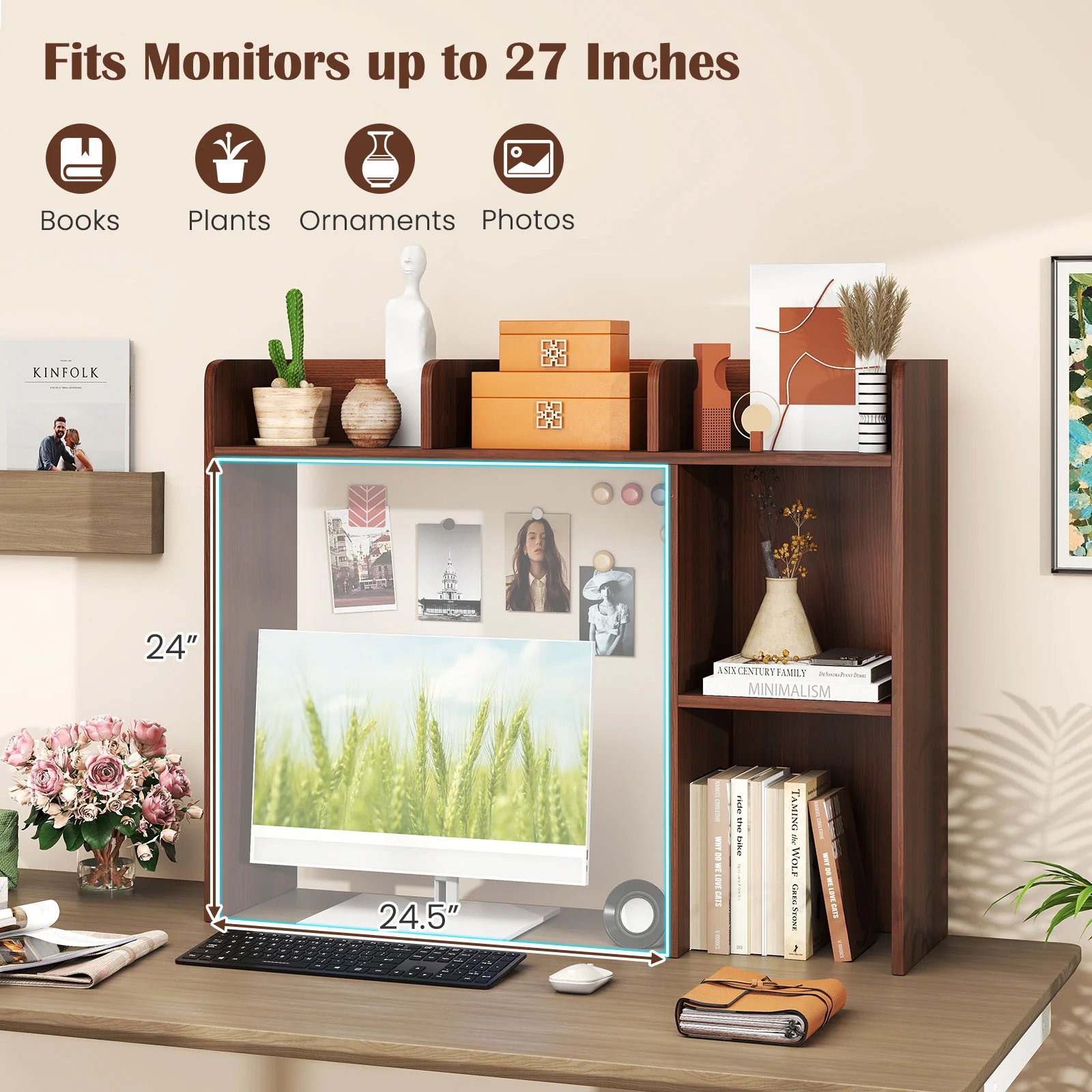 3-Tier Multipurpose Desk Bookshelf with 4 Shelves-HT, Walnut - Image 8