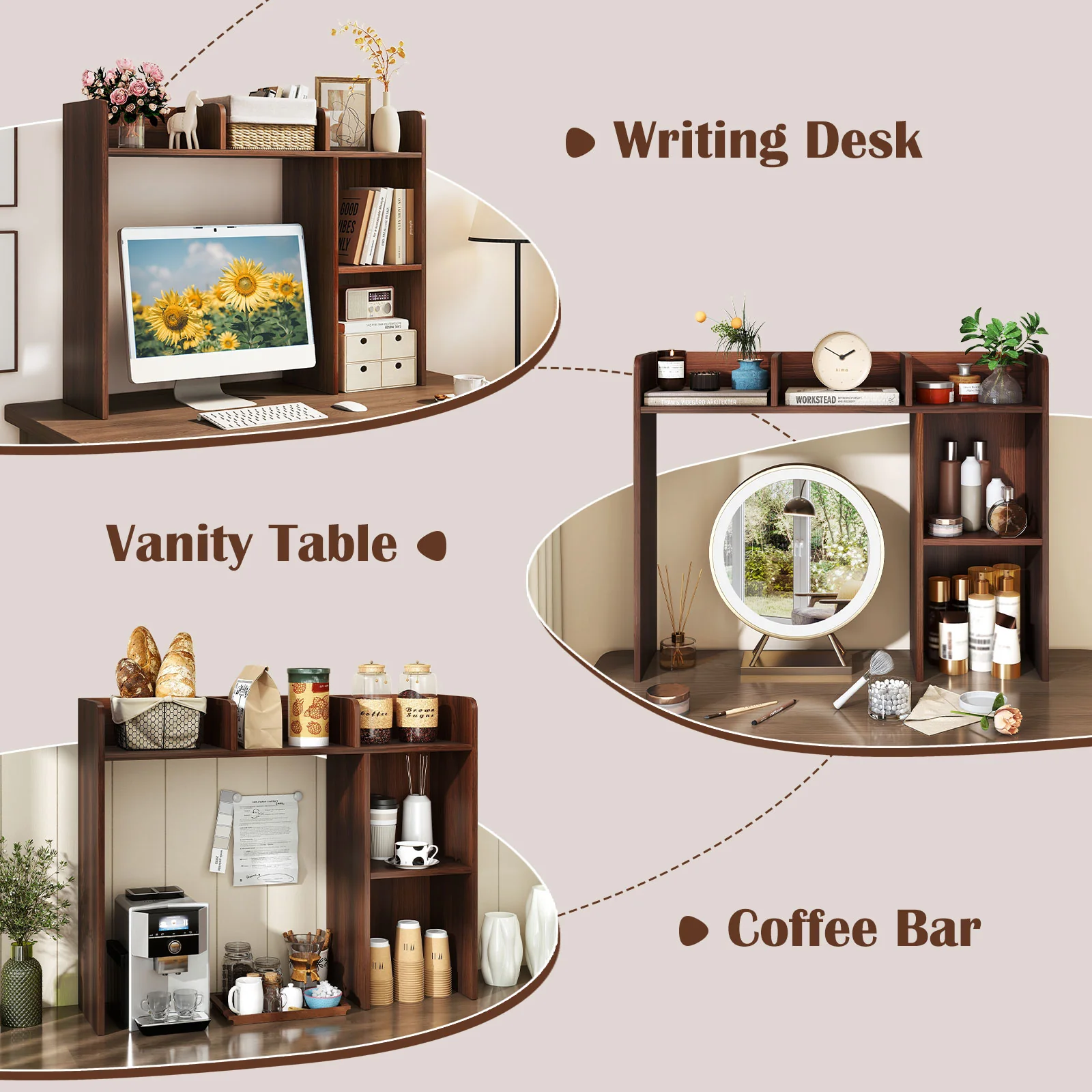 3-Tier Multipurpose Desk Bookshelf with 4 Shelves-HT, Walnut - Image 9