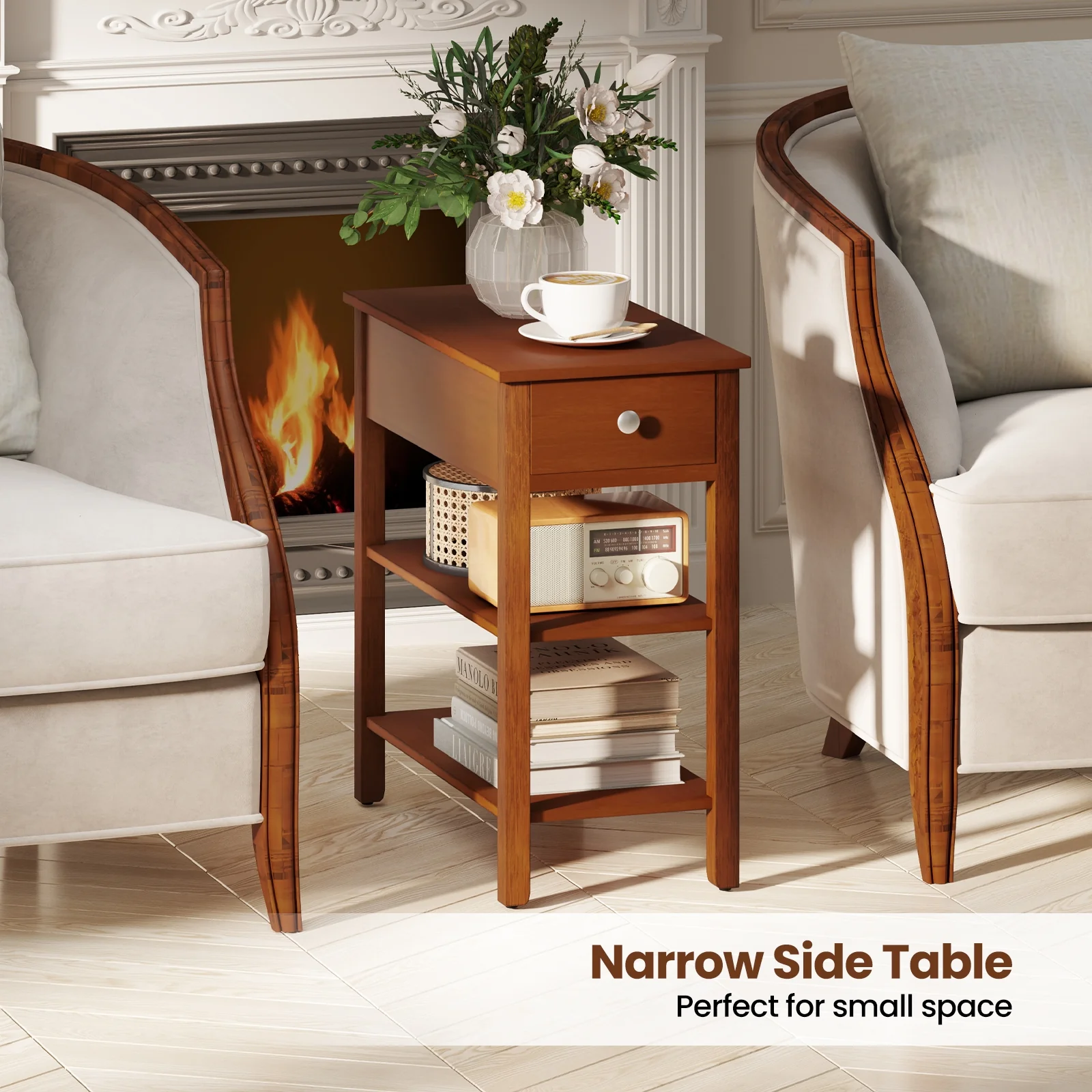 3-Tier Narrow End Table With Drawer, Storage Shelves, Brown - Image 10