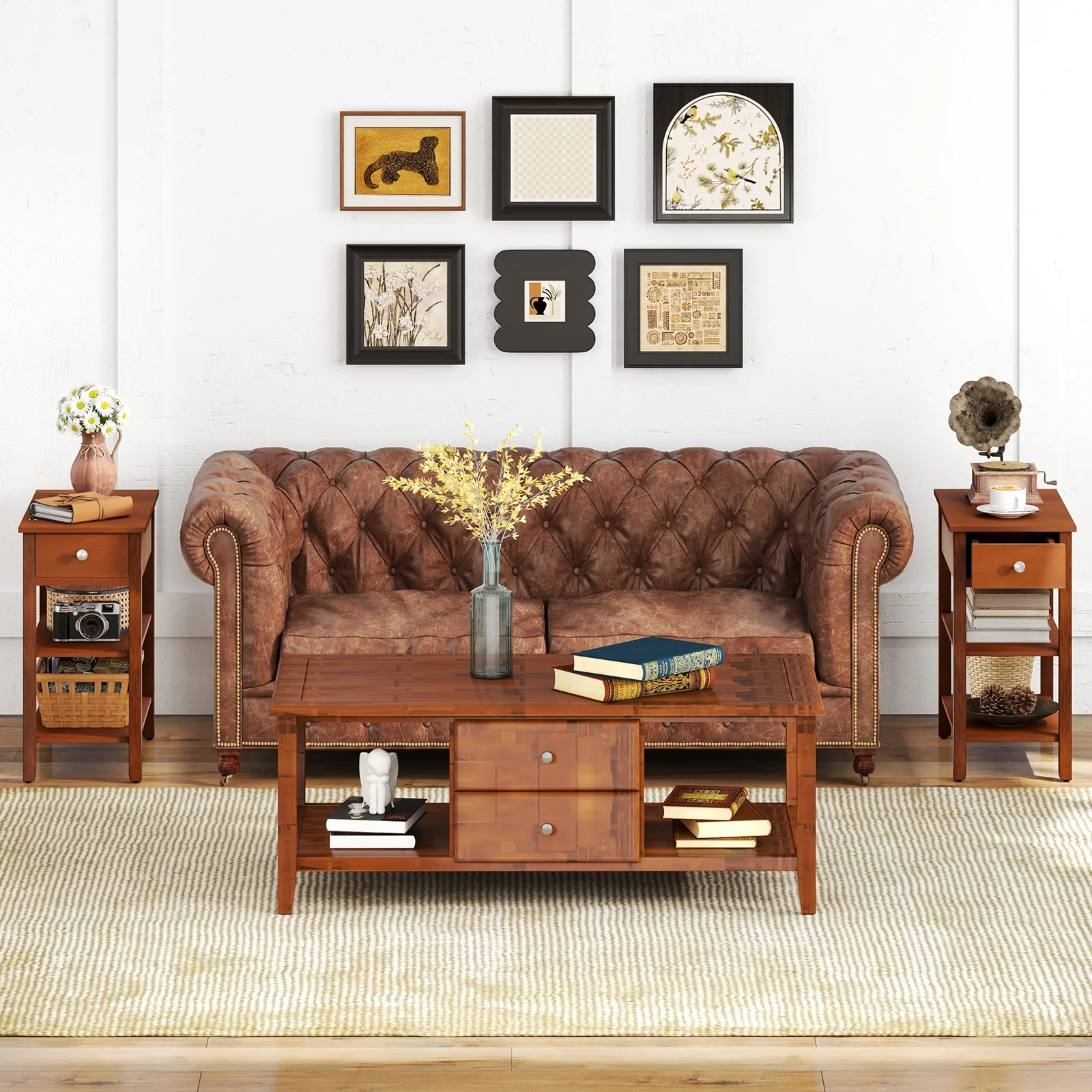 3-Tier Narrow End Table With Drawer, Storage Shelves, Brown - Image 3