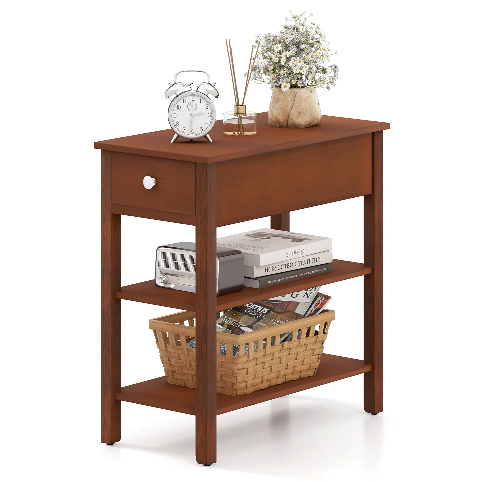 3-Tier Narrow End Table With Drawer, Storage Shelves, Brown - Image 5