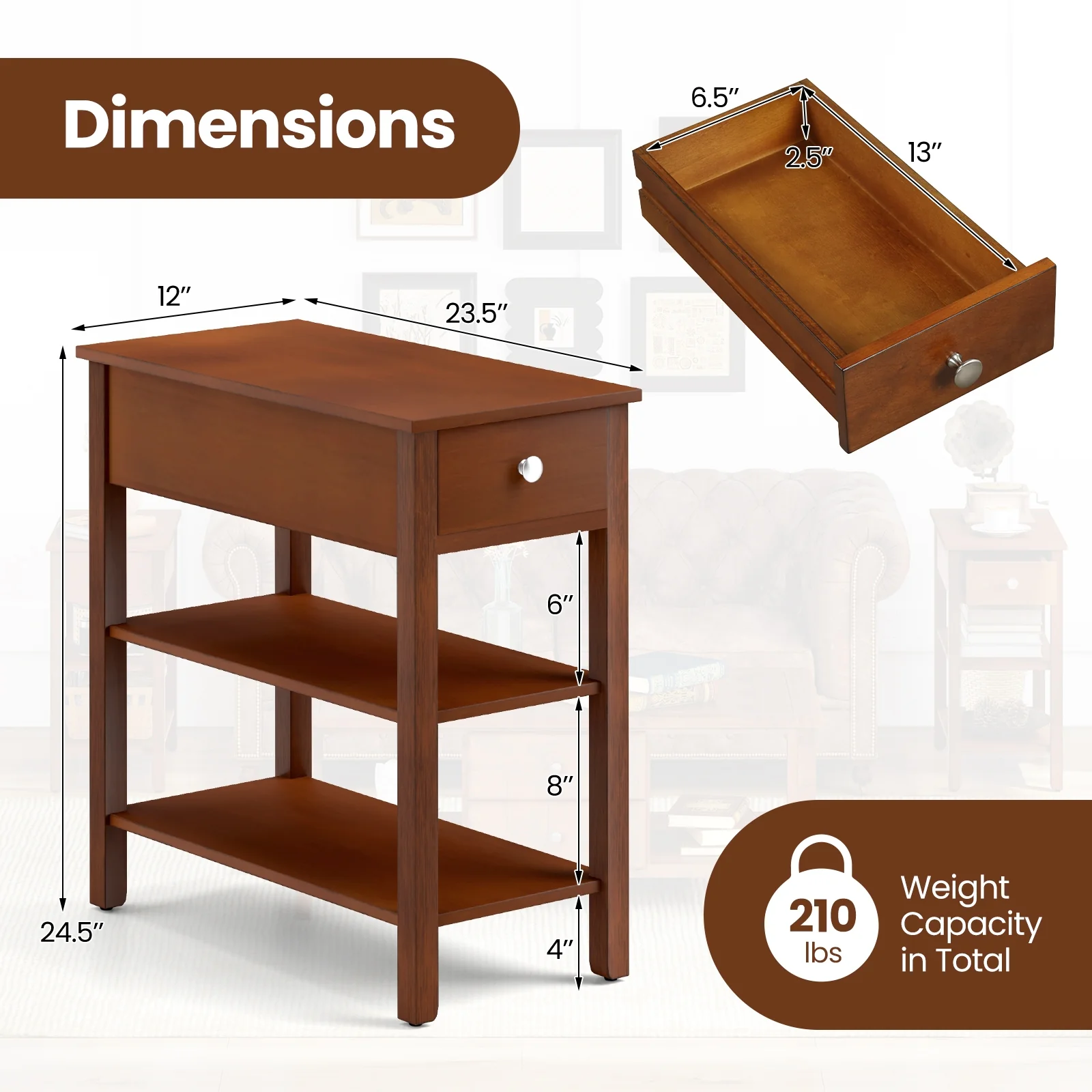 3-Tier Narrow End Table With Drawer, Storage Shelves, Brown - Image 6