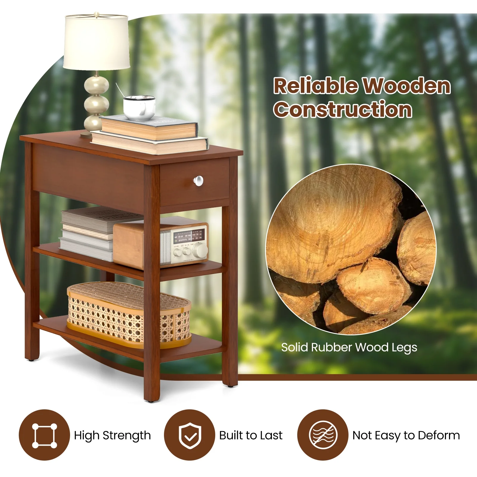 3-Tier Narrow End Table With Drawer, Storage Shelves, Brown - Image 7