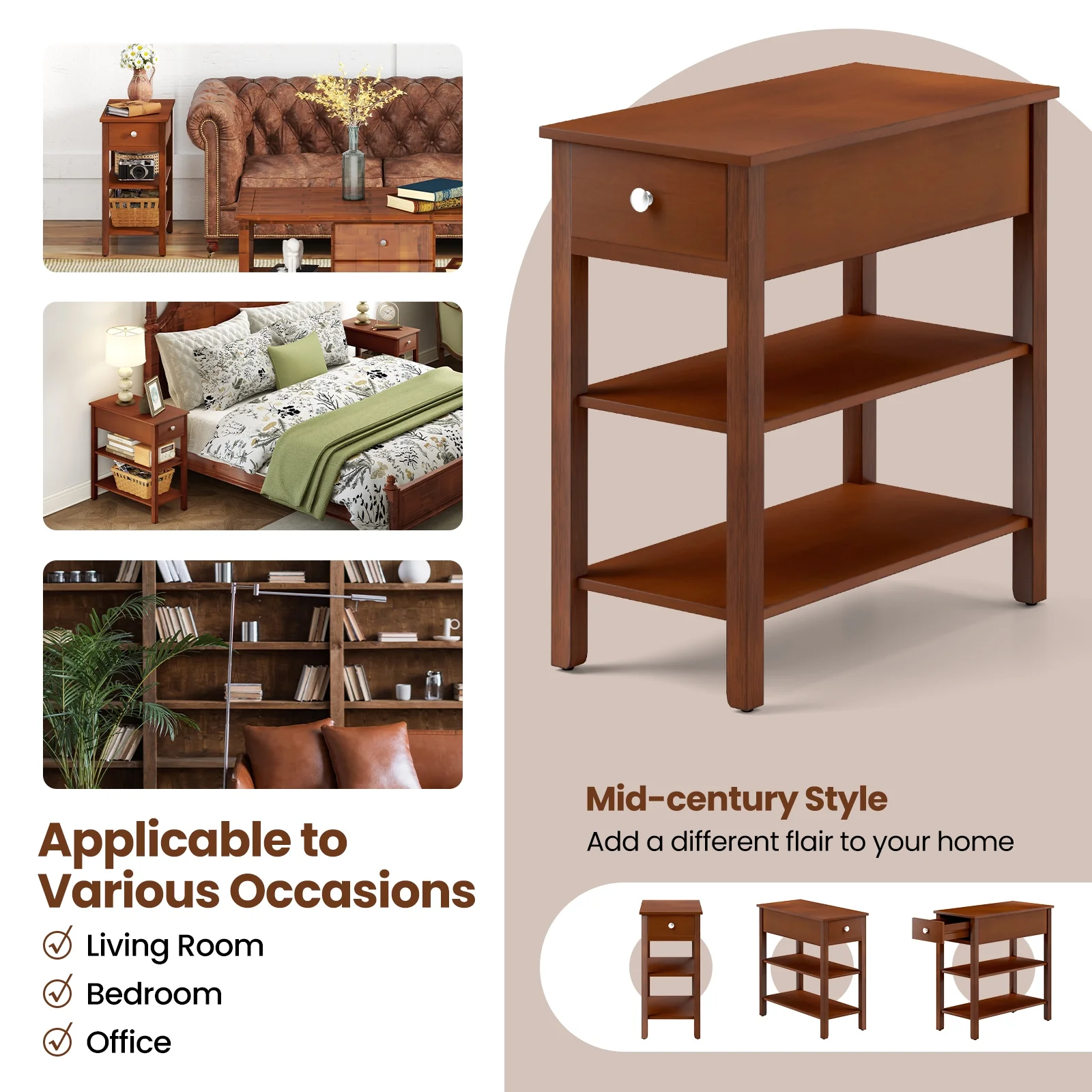 3-Tier Narrow End Table With Drawer, Storage Shelves, Brown - Image 8