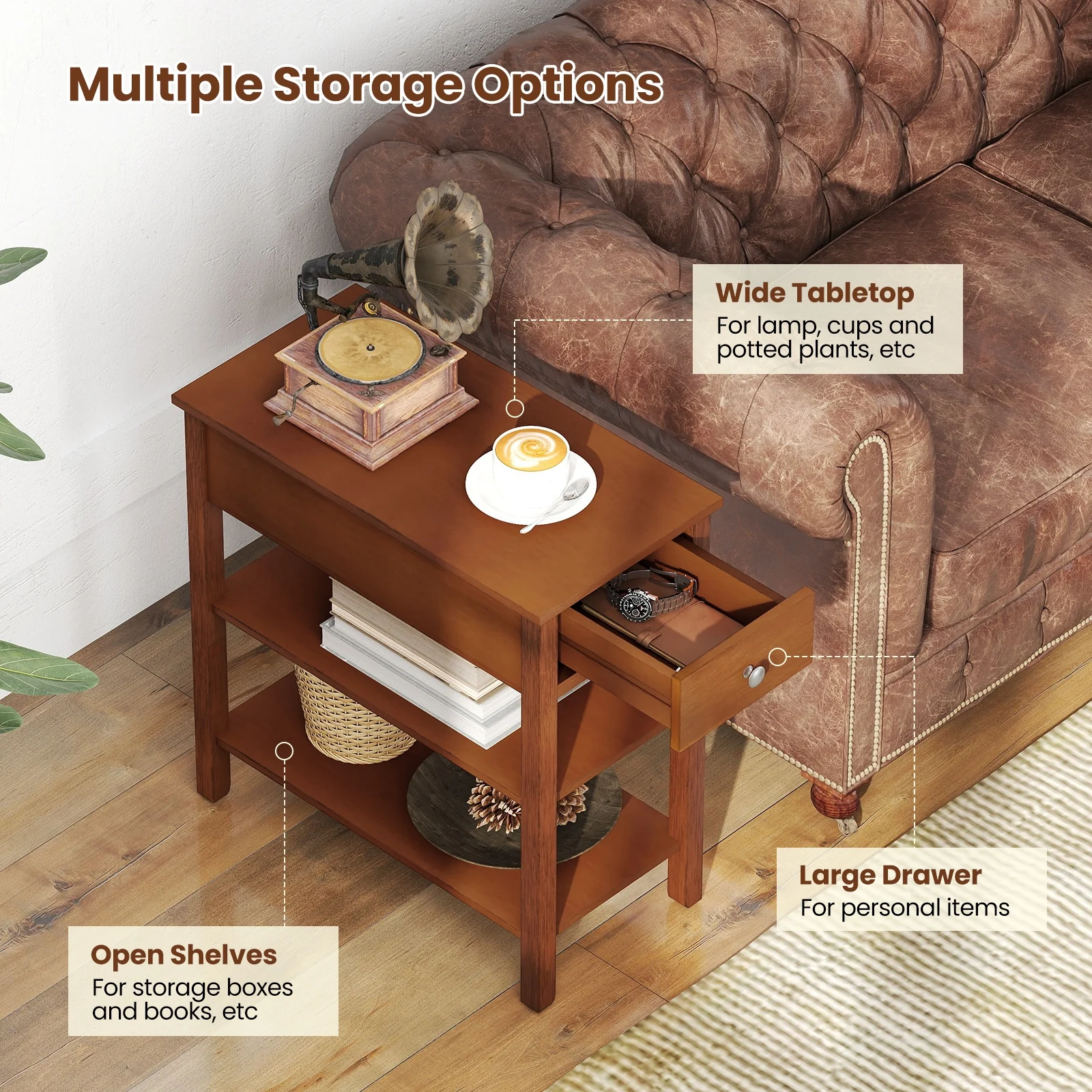 3-Tier Narrow End Table With Drawer, Storage Shelves, Brown - Image 9