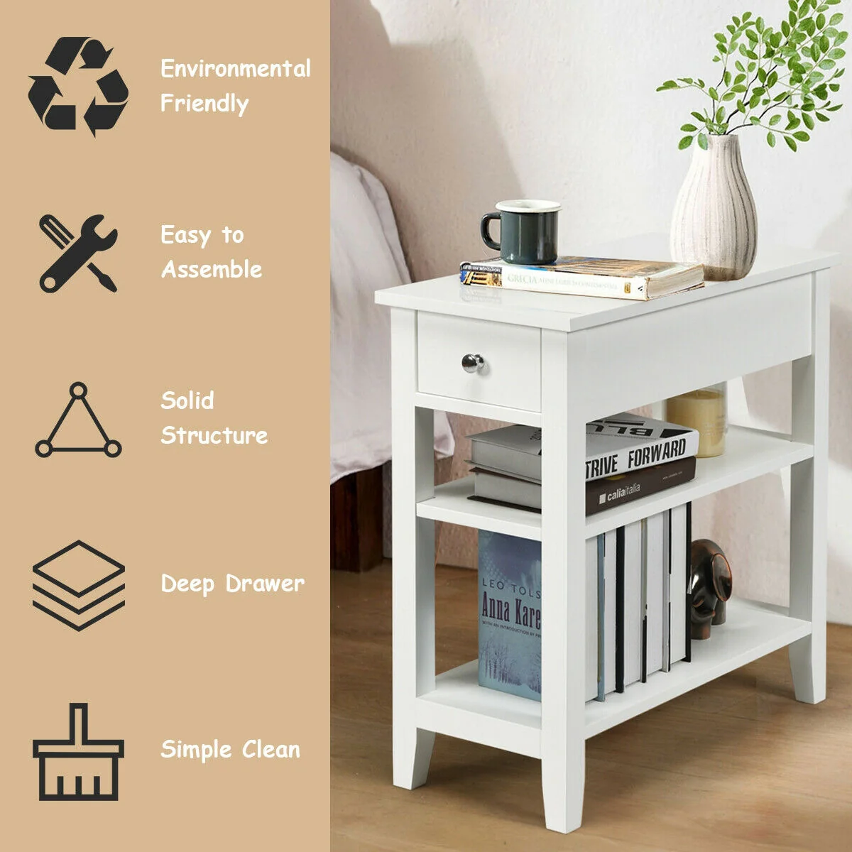 3-Tier Nightstand With Double Shelves Drawer, White - Image 10