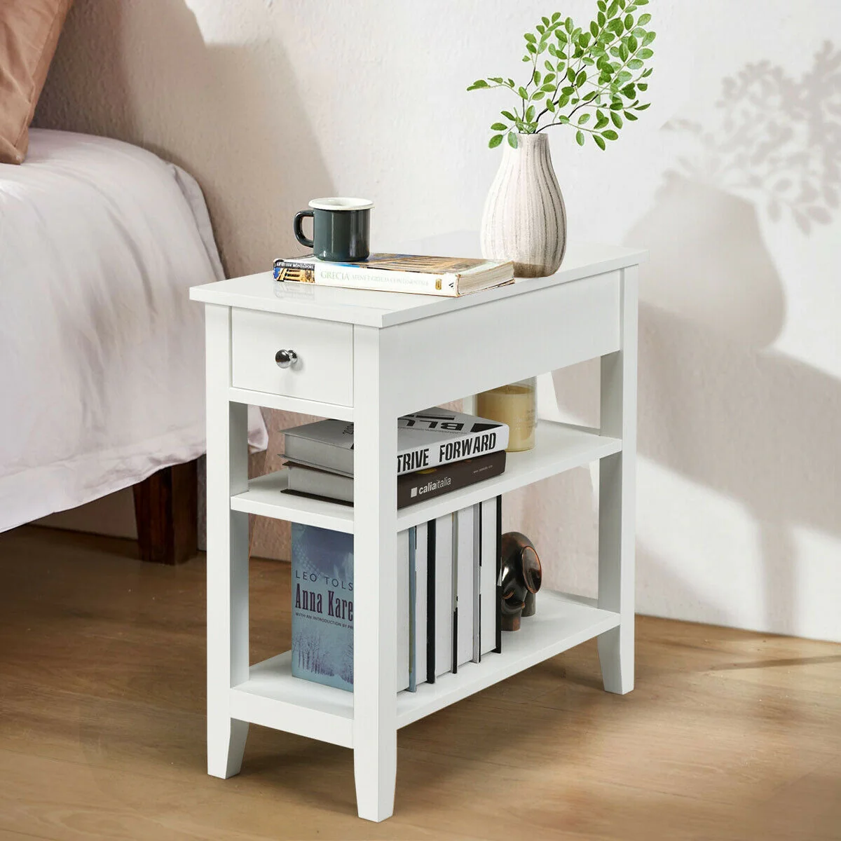 3-Tier Nightstand With Double Shelves Drawer, White - Image 2