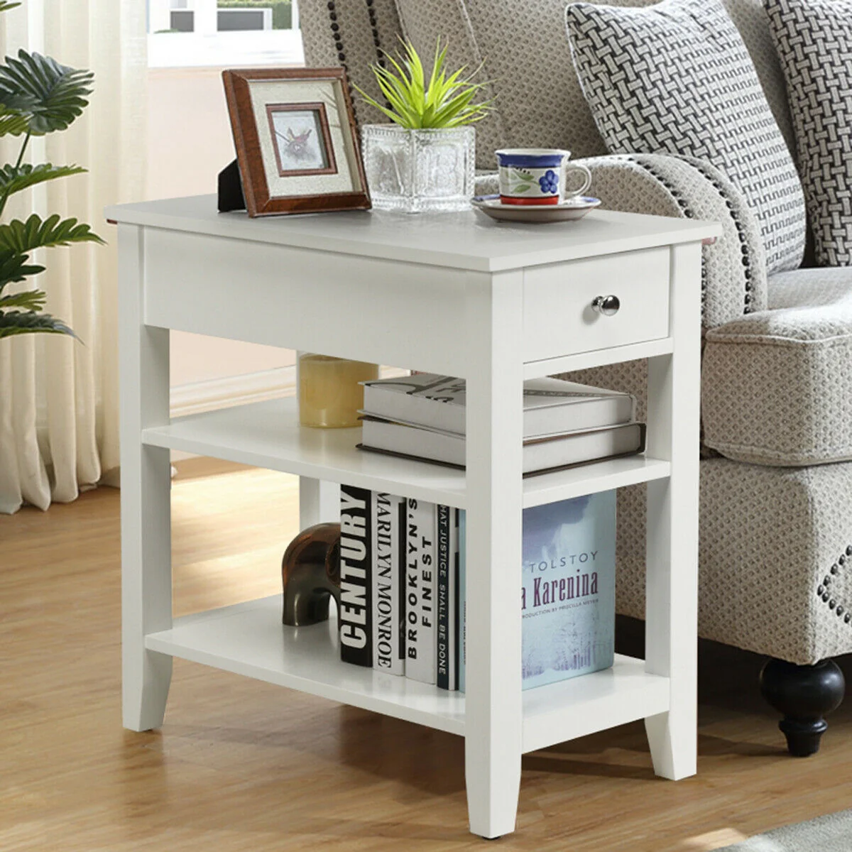 3-Tier Nightstand With Double Shelves Drawer, White - Image 3