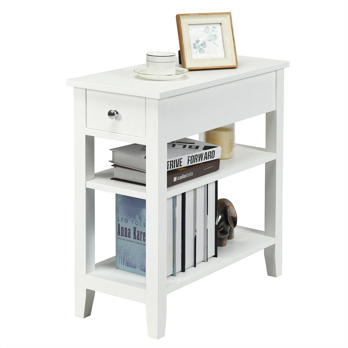 3-Tier Nightstand With Double Shelves Drawer, White - Image 8