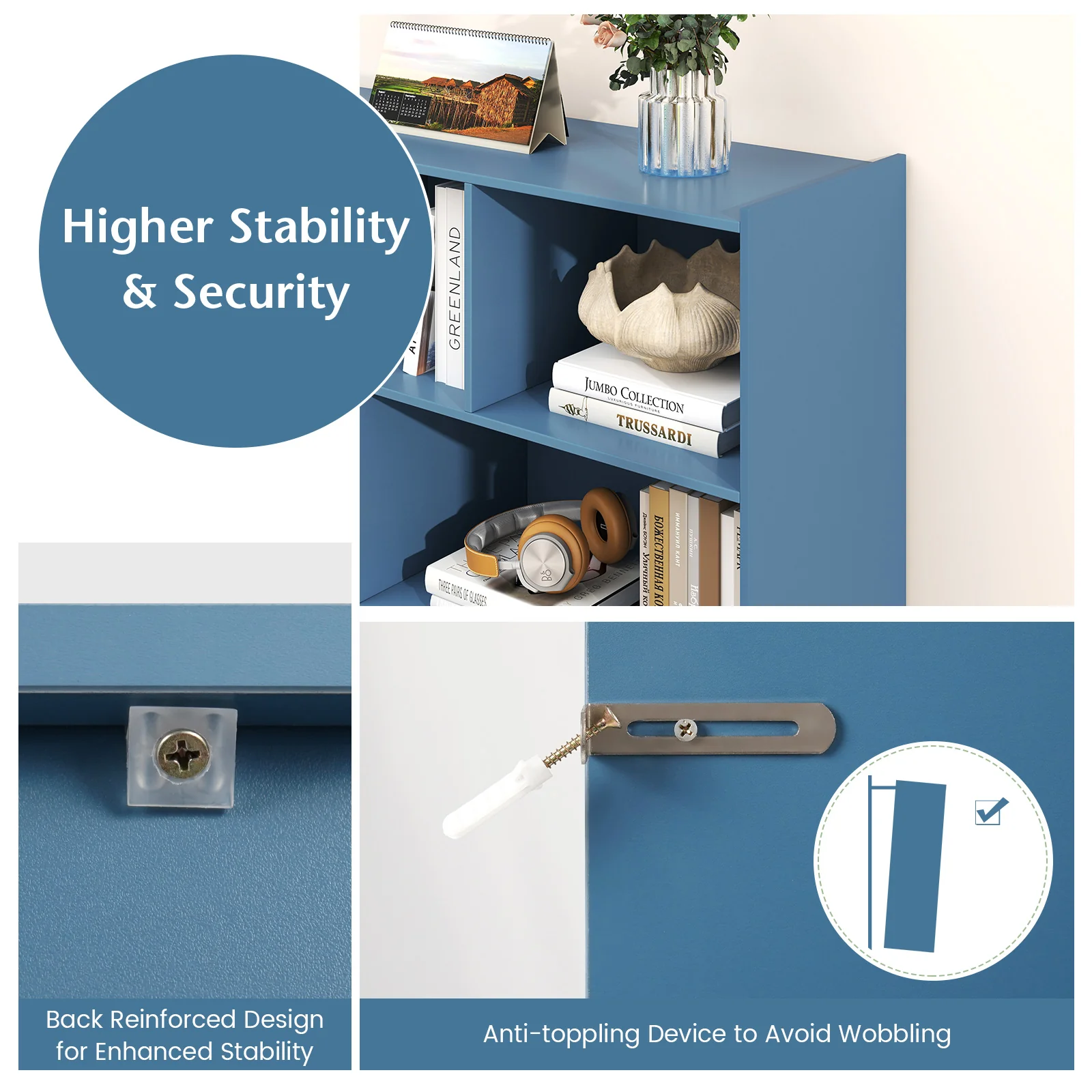 3-Tier Open Bookcase, 8-Cube Floor Standing Storage Shelves, Blue - Image 10