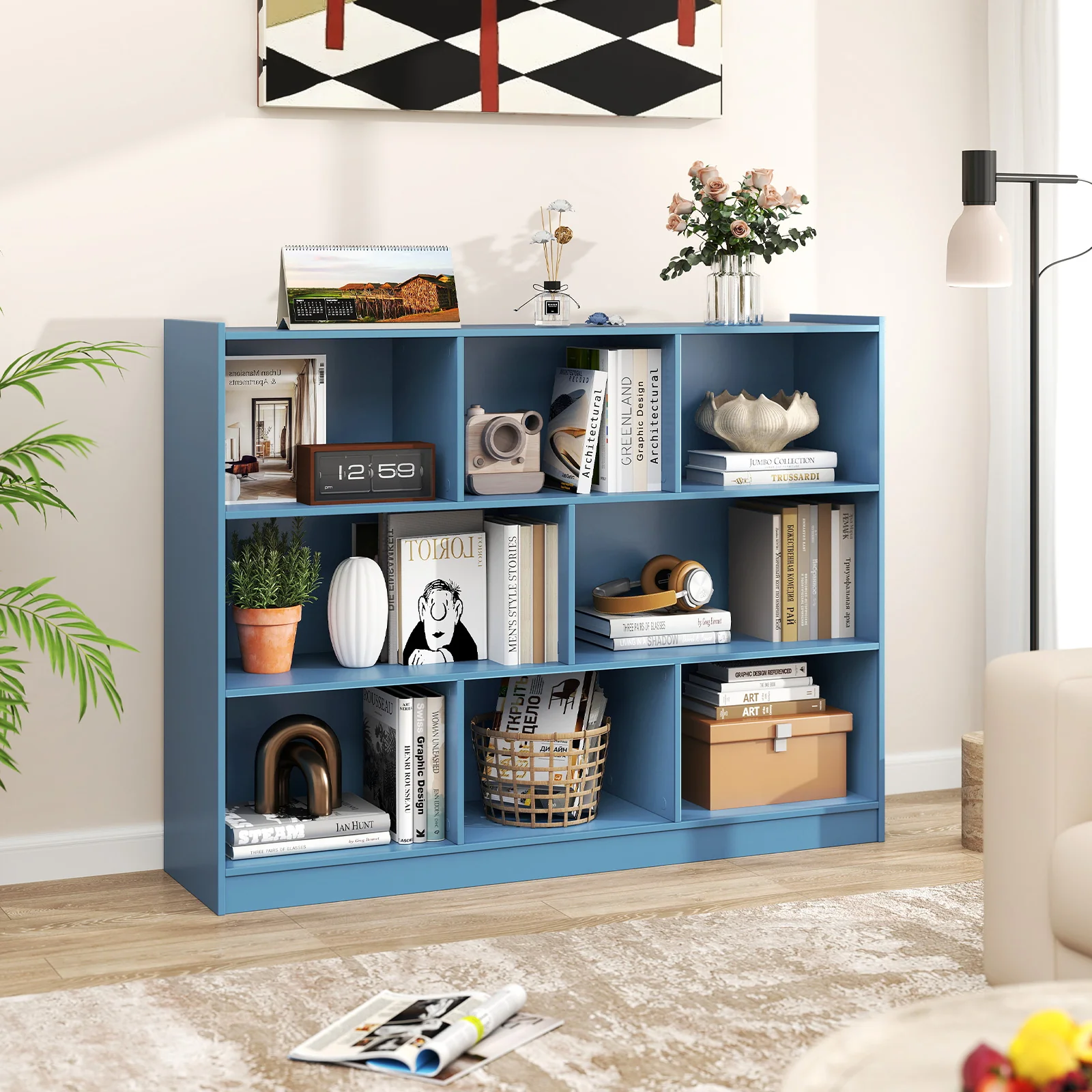3-Tier Open Bookcase, 8-Cube Floor Standing Storage Shelves, Blue - Image 2
