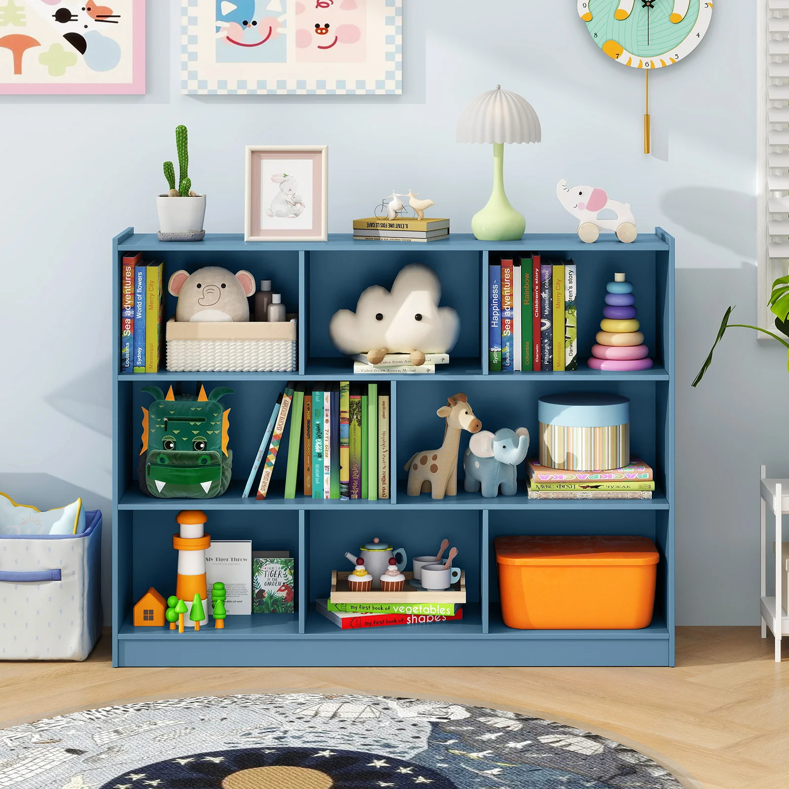 3-Tier Open Bookcase, 8-Cube Floor Standing Storage Shelves, Blue - Image 3