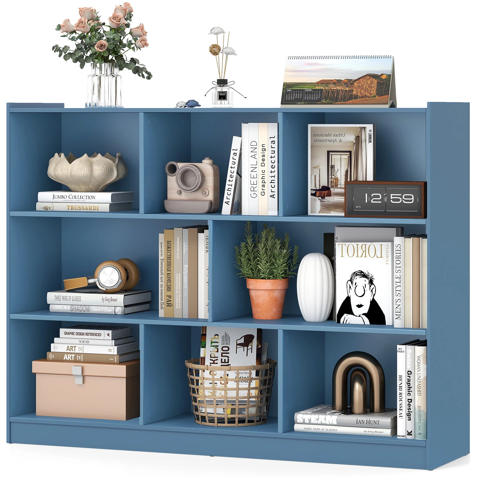 3-Tier Open Bookcase, 8-Cube Floor Standing Storage Shelves, Blue - Image 5
