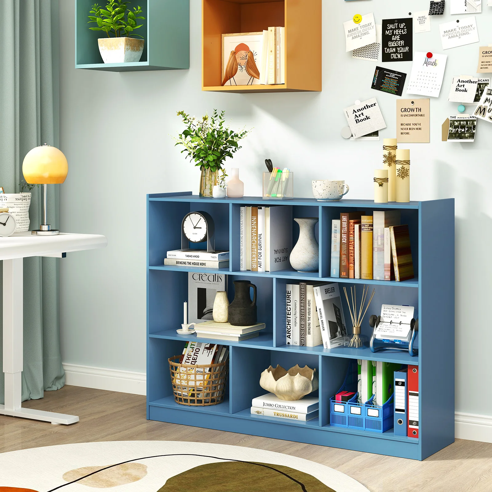 3-Tier Open Bookcase, 8-Cube Floor Standing Storage Shelves, Blue - Image 7