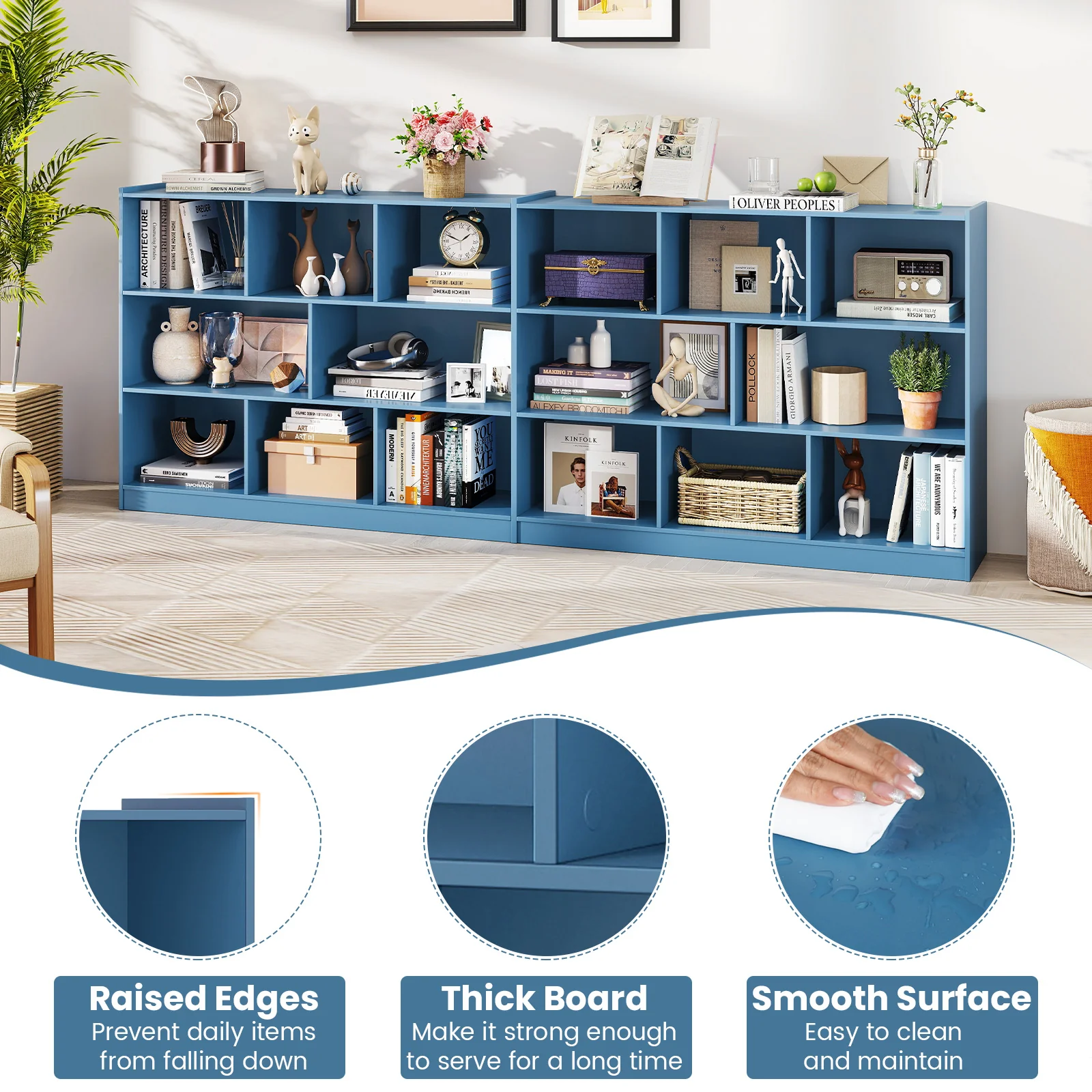 3-Tier Open Bookcase, 8-Cube Floor Standing Storage Shelves, Blue - Image 8