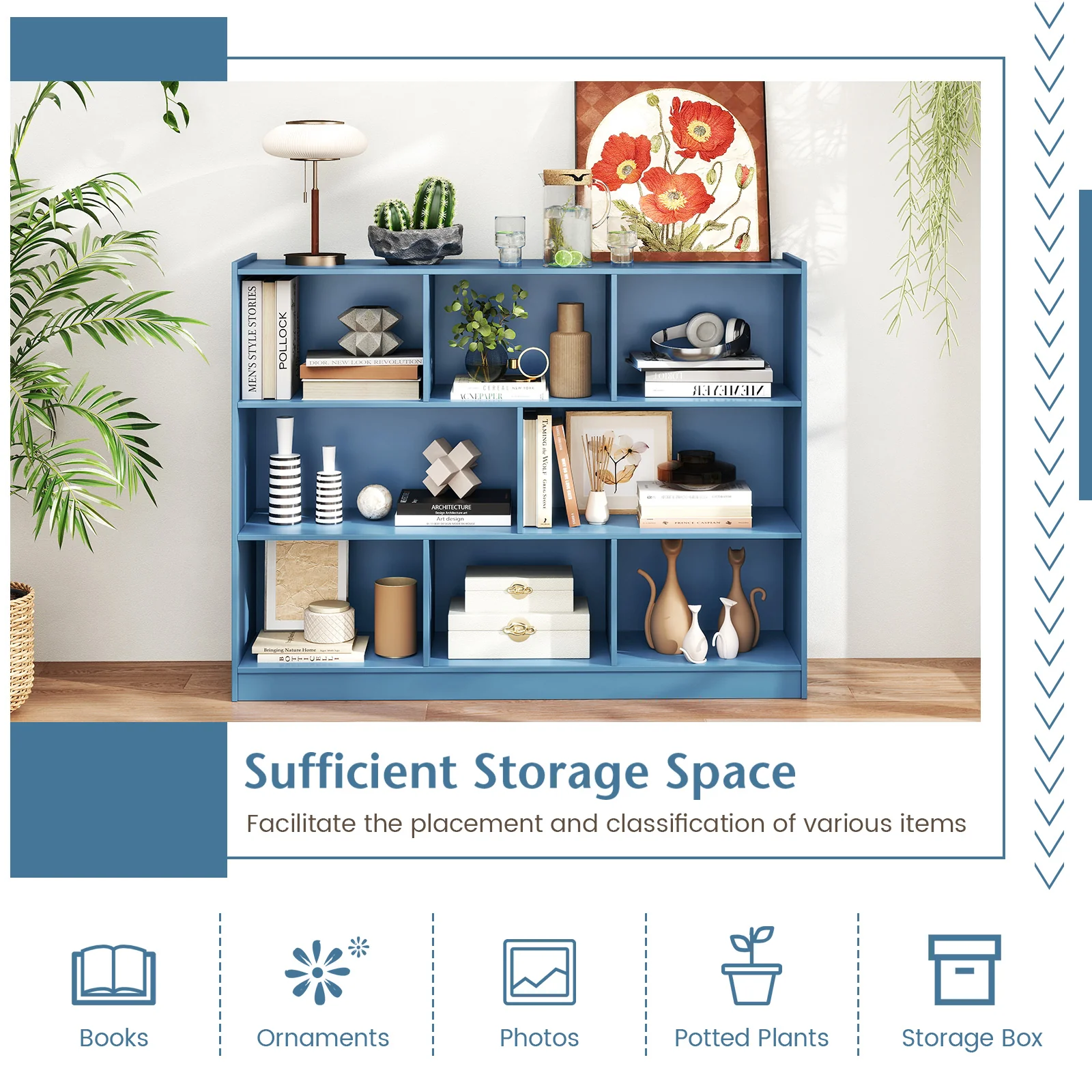 3-Tier Open Bookcase, 8-Cube Floor Standing Storage Shelves, Blue - Image 9