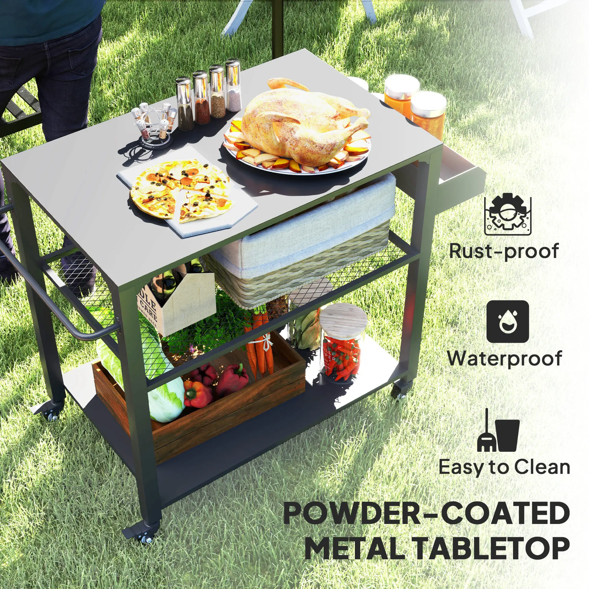 3-Tier Outdoor Grill Cart, Pizza Oven Stand, Storage Rack, 4 Wheels - Image 4