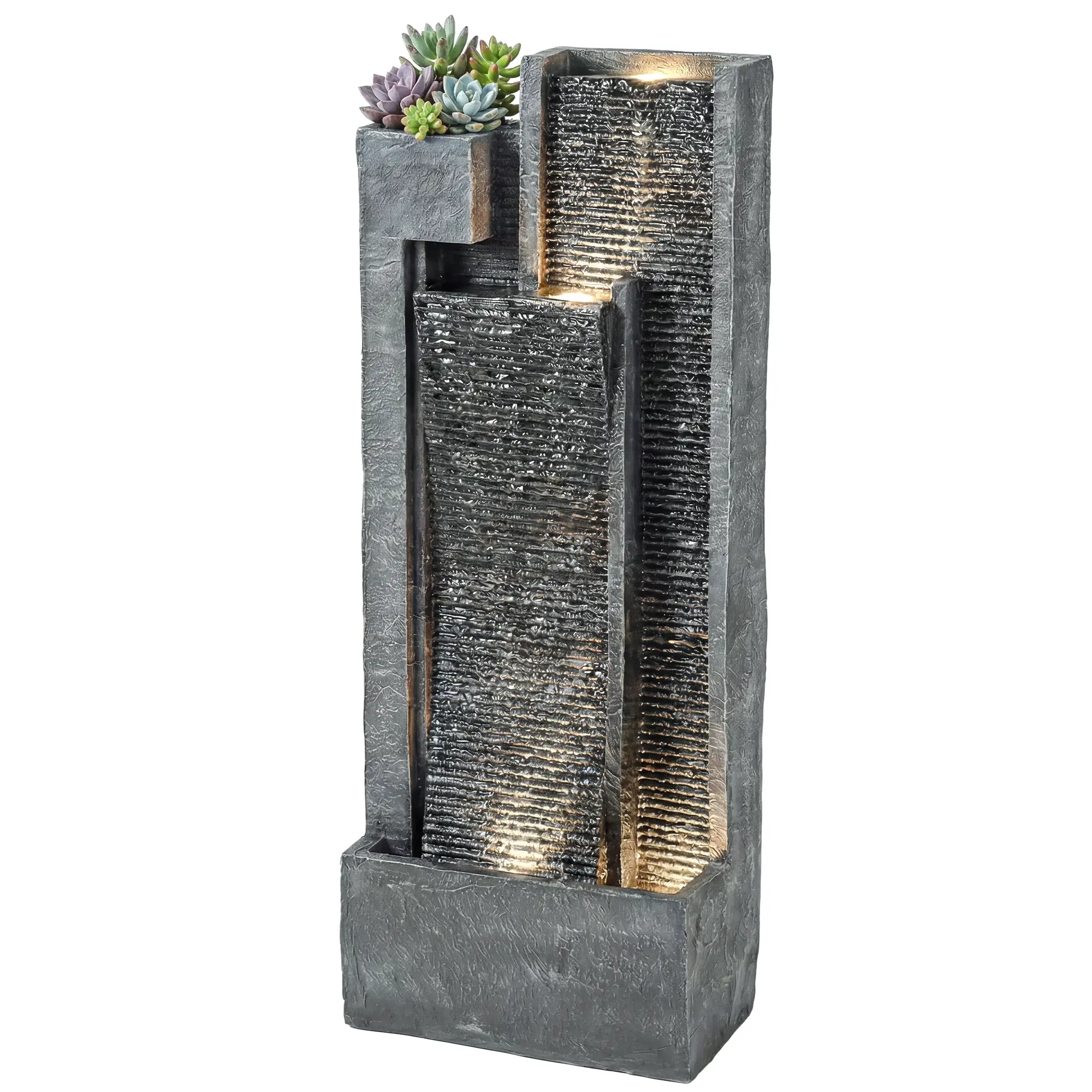 3-Tier Outdoor Water Fountain With LED Lights, Planter, Pump, Dark Grey