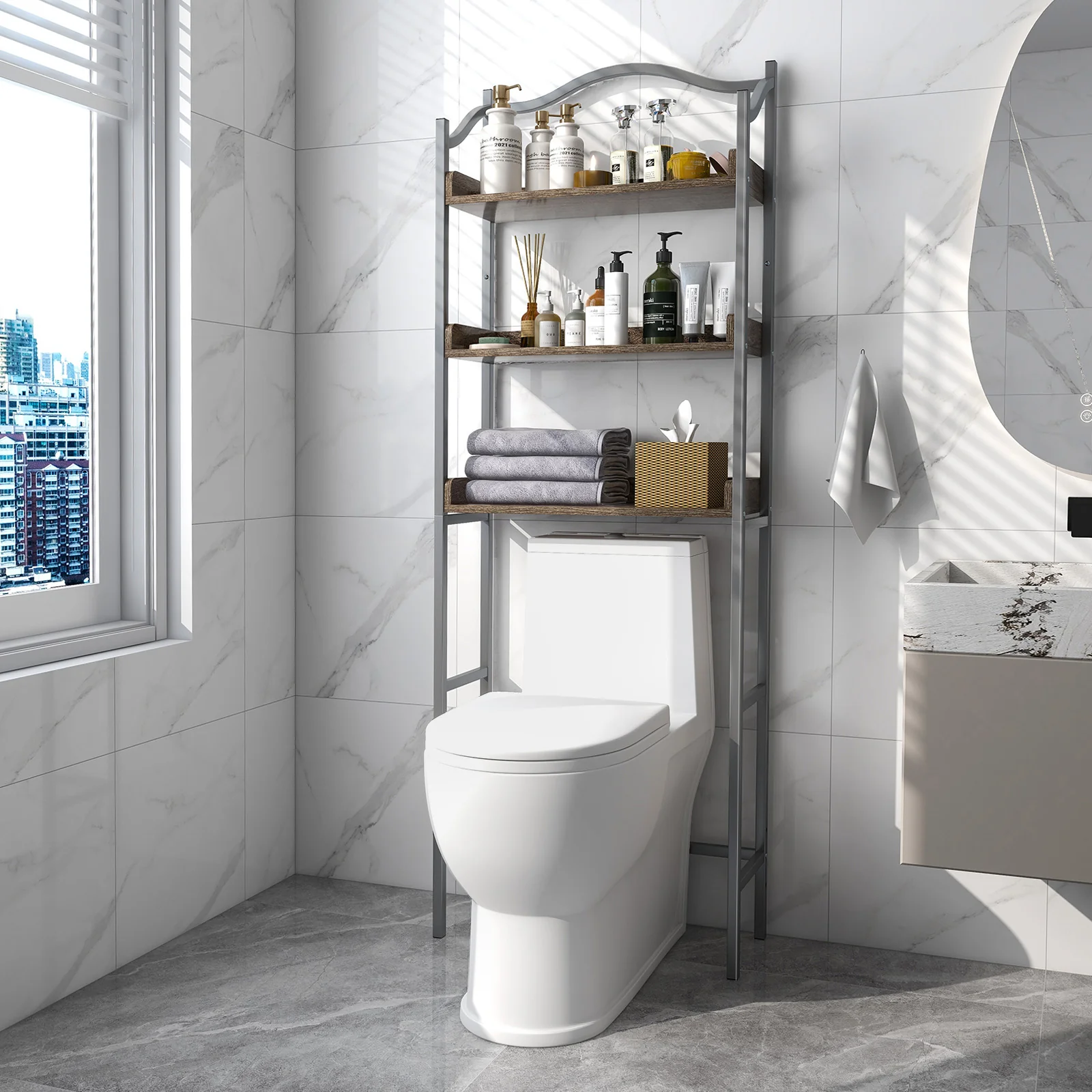 3-Tier Over-The-Toilet Bathroom Storage Rack, Silver - Image 2