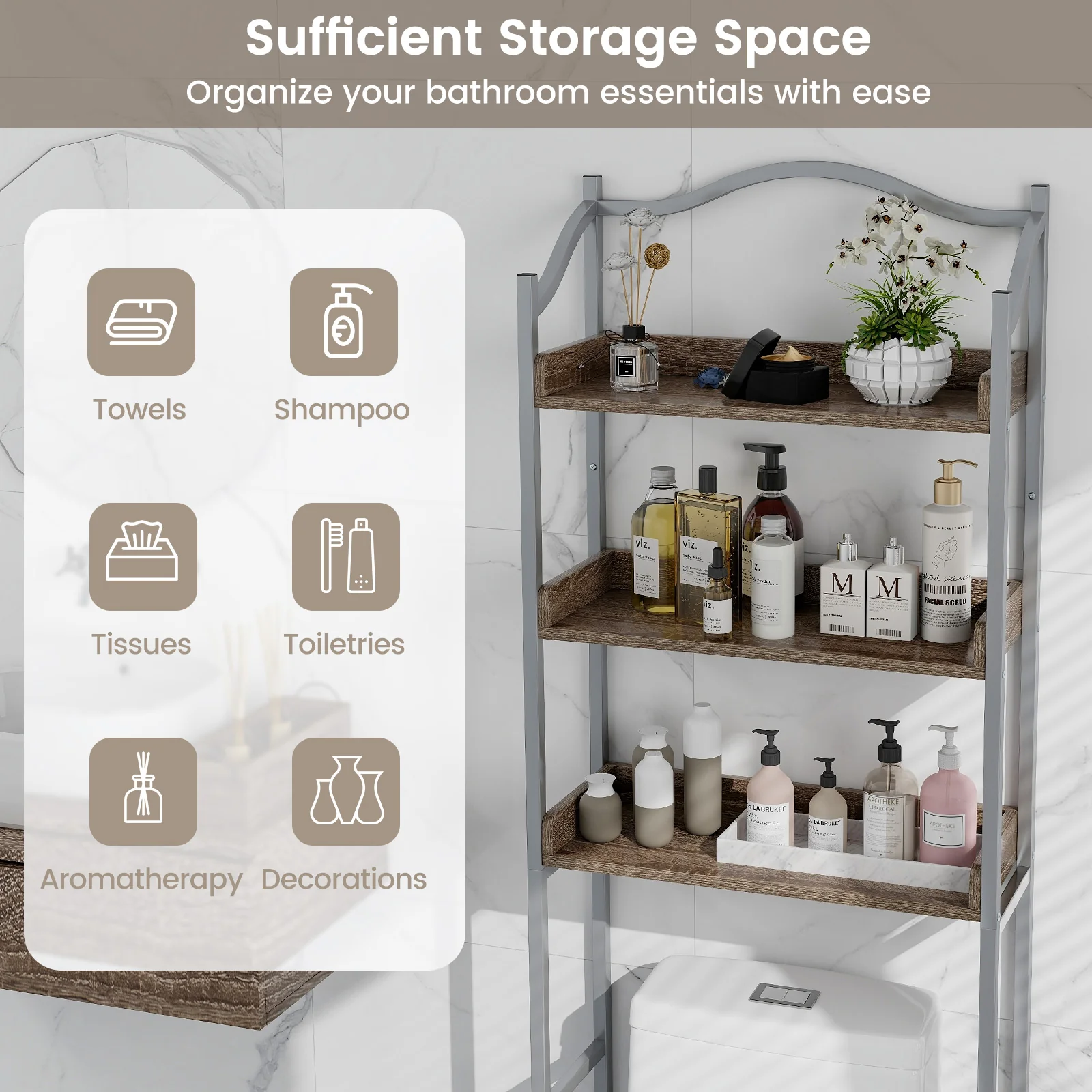 3-Tier Over-The-Toilet Bathroom Storage Rack, Silver - Image 8