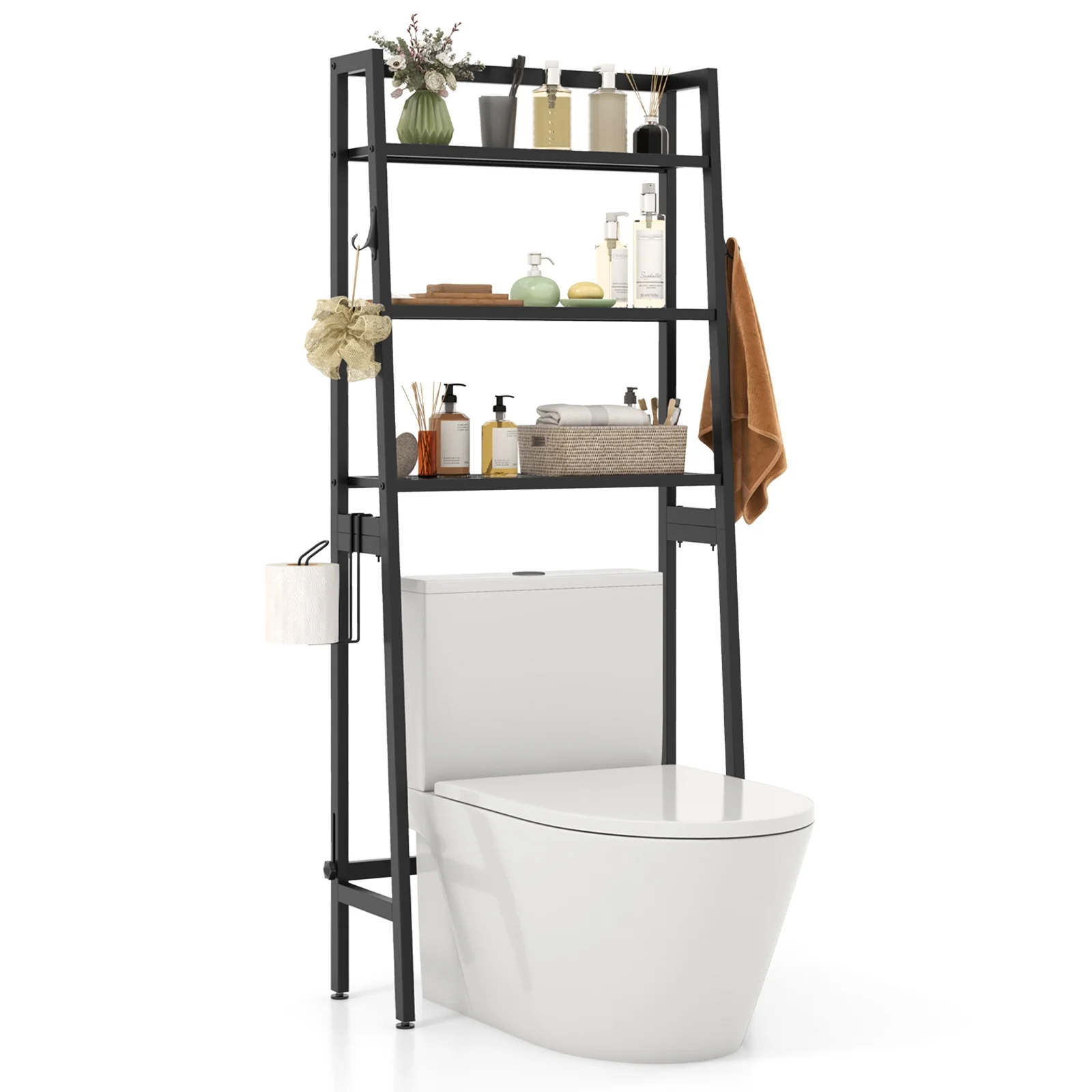 3-Tier Over The Toilet Storage Shelf, Adjustable Bottom Bar, Black