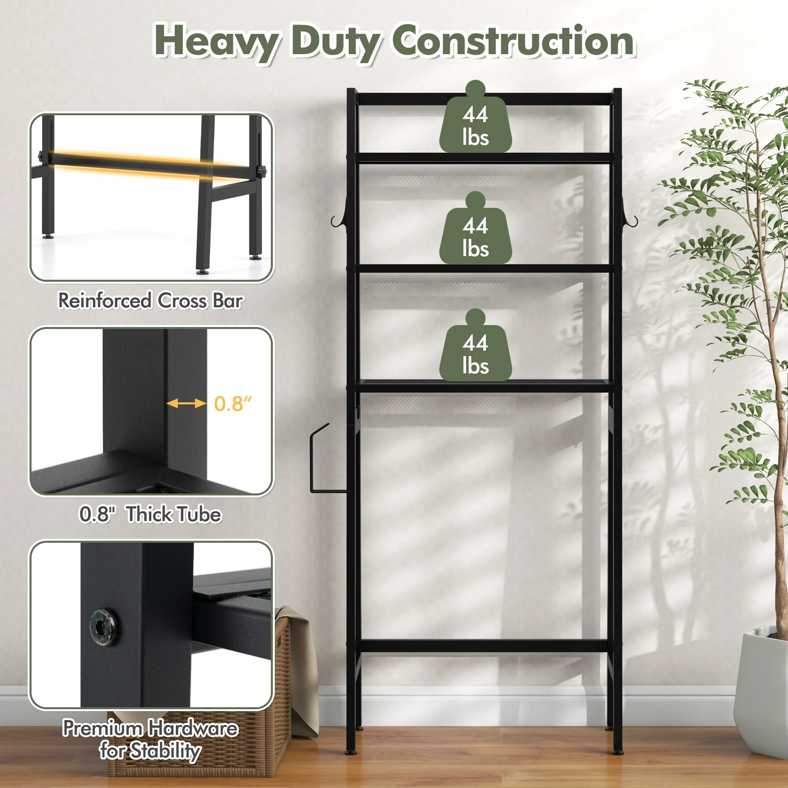 3-Tier Over The Toilet Storage Shelf, Adjustable Bottom Bar, Black - Image 10