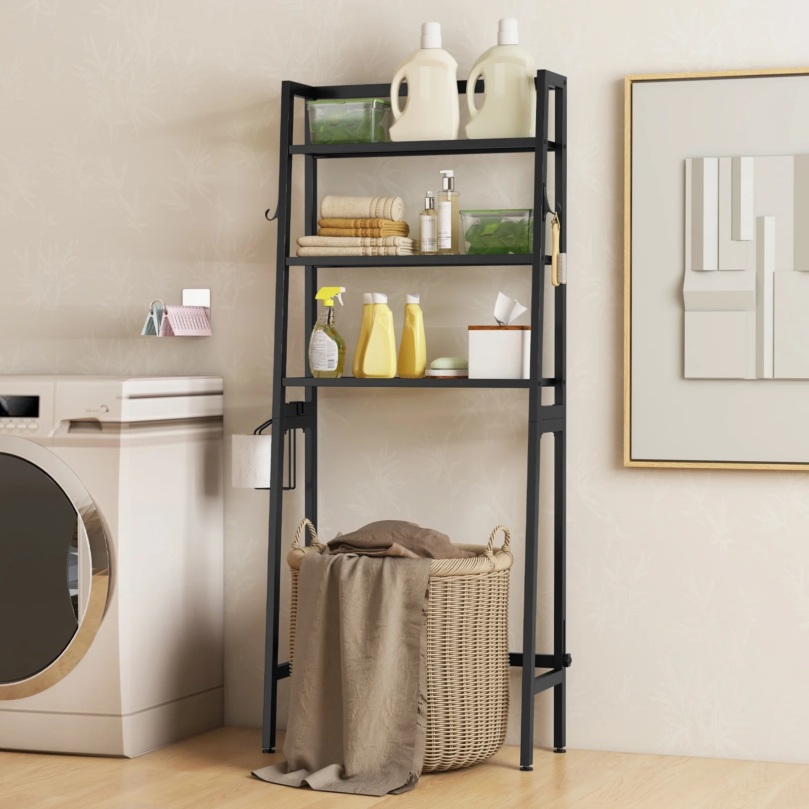 3-Tier Over The Toilet Storage Shelf, Adjustable Bottom Bar, Black - Image 2