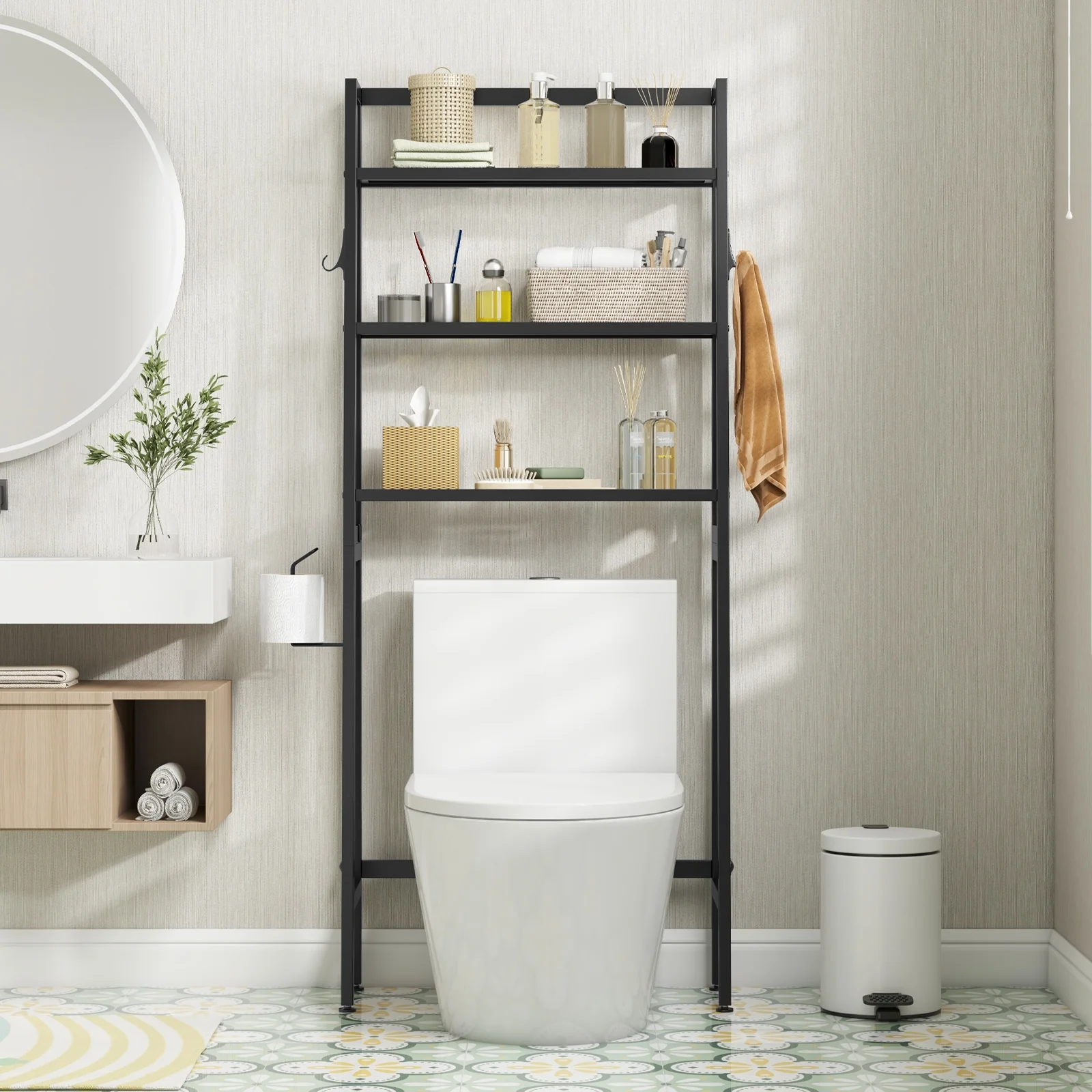 3-Tier Over The Toilet Storage Shelf, Adjustable Bottom Bar, Black - Image 3
