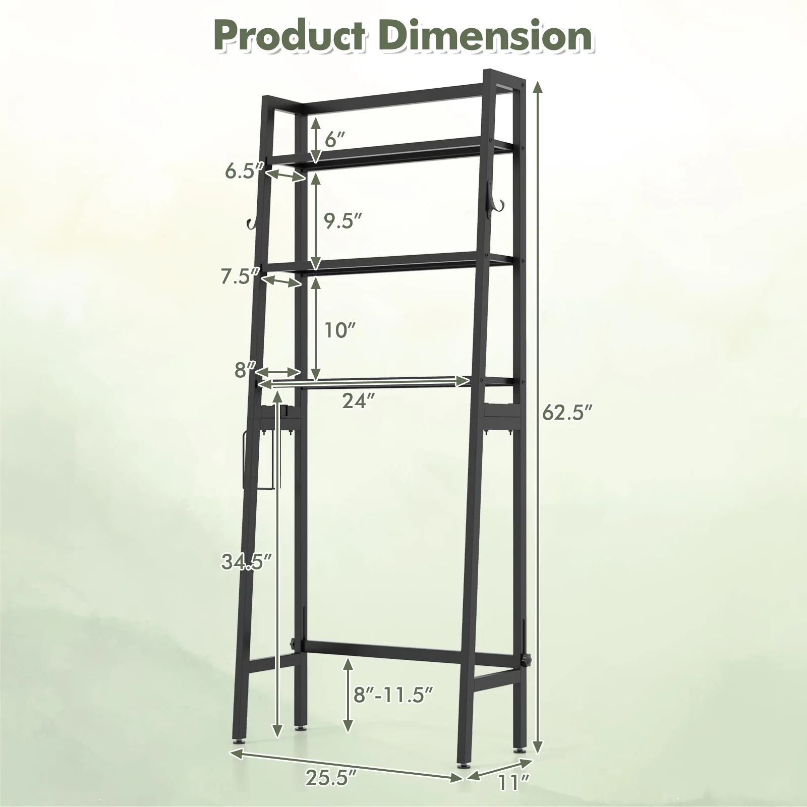 3-Tier Over The Toilet Storage Shelf, Adjustable Bottom Bar, Black - Image 6