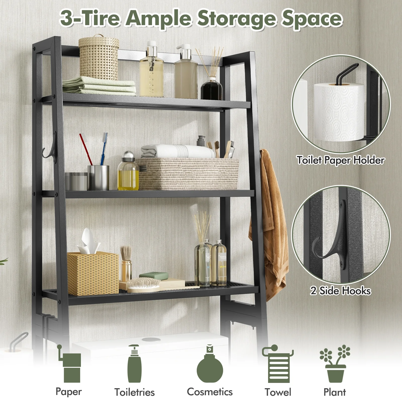 3-Tier Over The Toilet Storage Shelf, Adjustable Bottom Bar, Black - Image 8